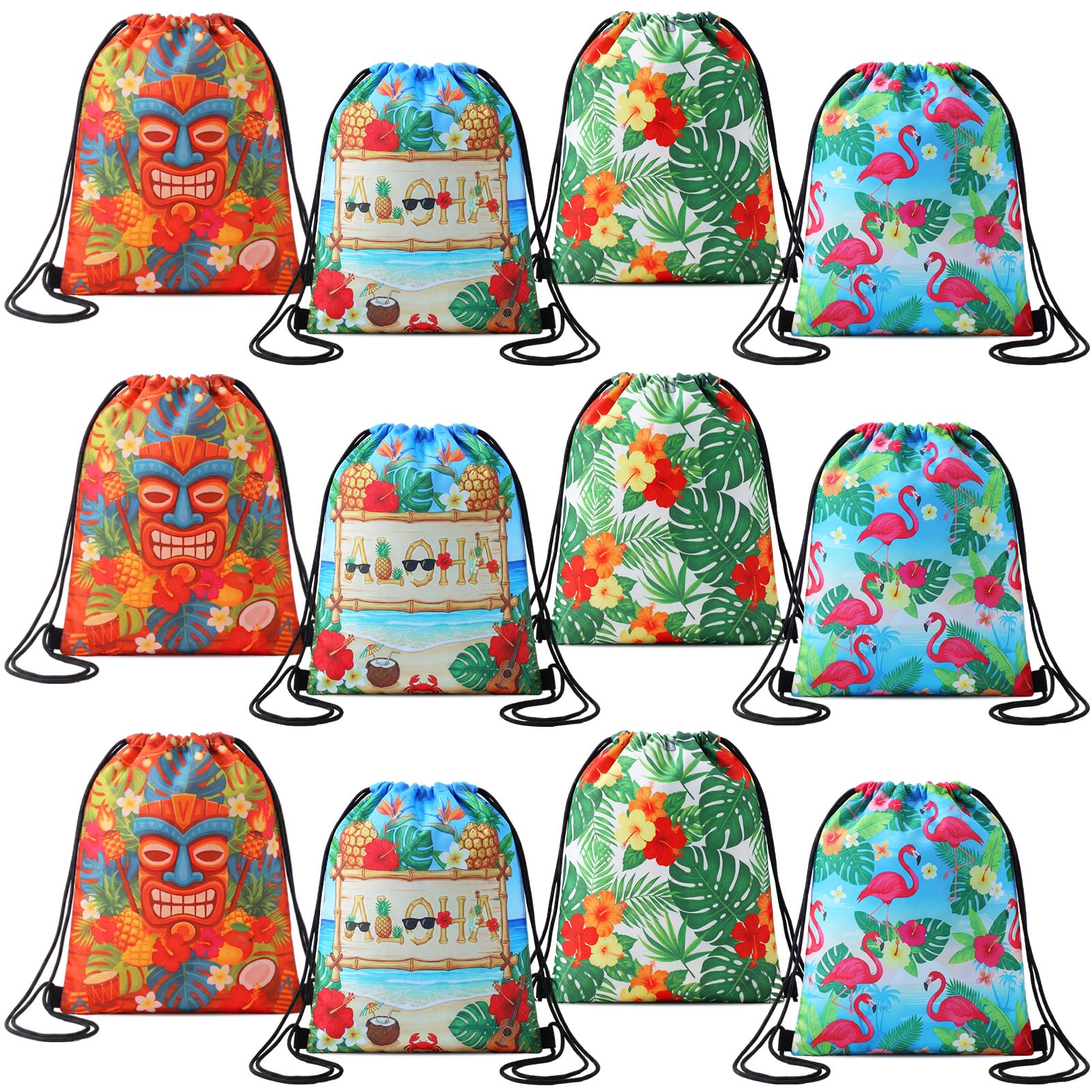 Aliceset 20 Pack Hawaiian Drawstring Gift Bags Bulk, Tropical Goodie Gift Backpack with Adjustable Straps Cute Sacks for Summer Beach Luau Aloha Tiki Birthday Vacation Travel Party Favors(11.81x9.84)