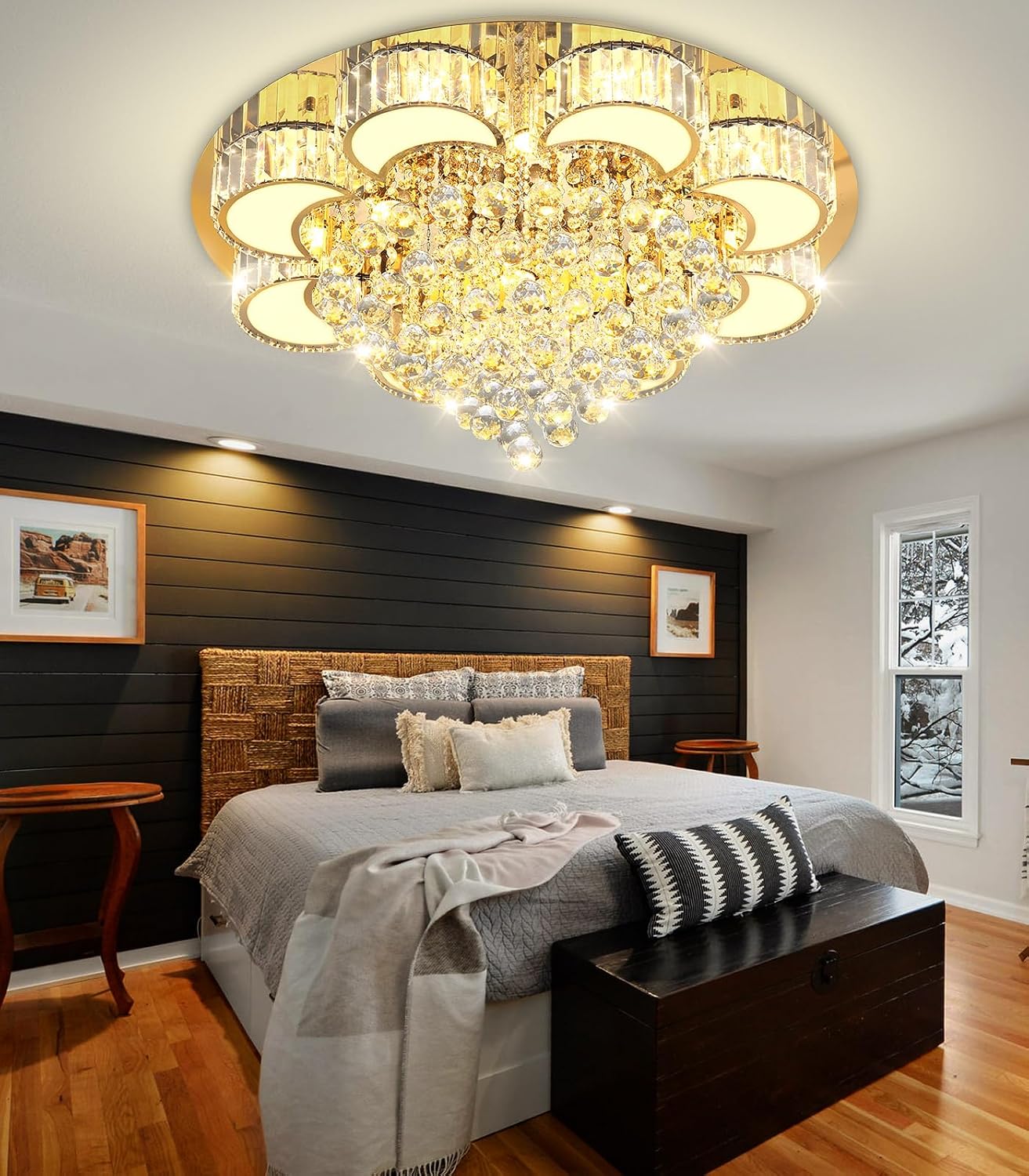 31.4" Gold Modern Crystal Chandeliers for Dining Room LED Dimmable Light Fixtures Flush Mount Light Living Room Bedrooms