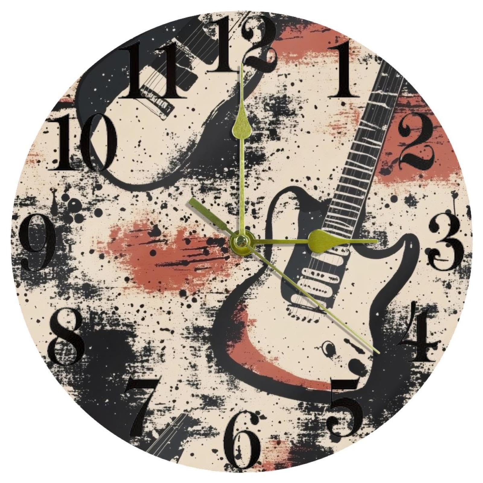 Horloge murale guitare sans tic-tac ronde et silencieuse fonctionnant sur piles