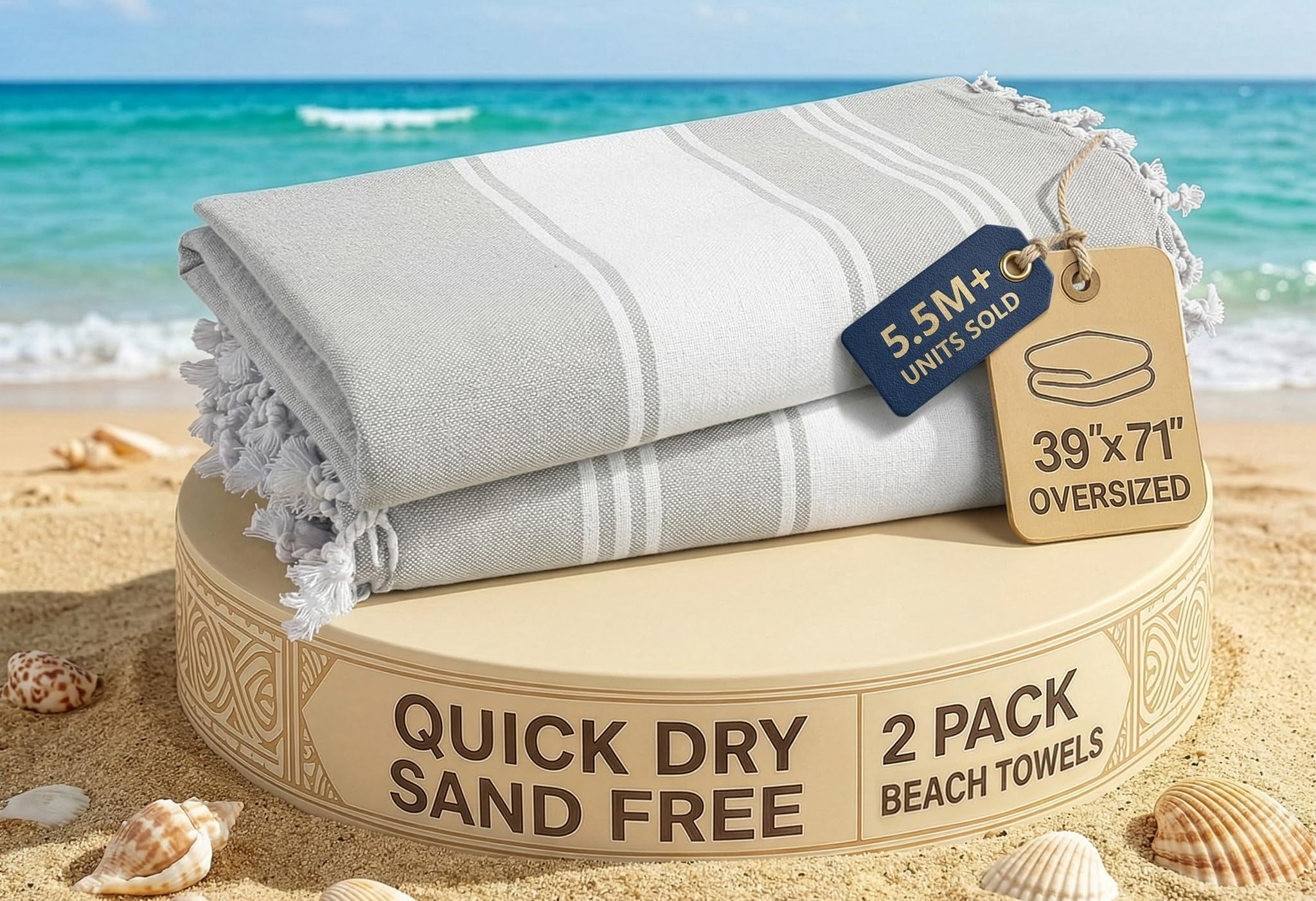 LANE LINEN Extra Large Beach Towel, 2 Pack Beach Towels Oversized, Pre-Washed, No Shrink, Quick Dry Pool Towels, Stylish Light Beach Towel For Women, Absorbent & Sand Free towel, 39"x71" - Grey