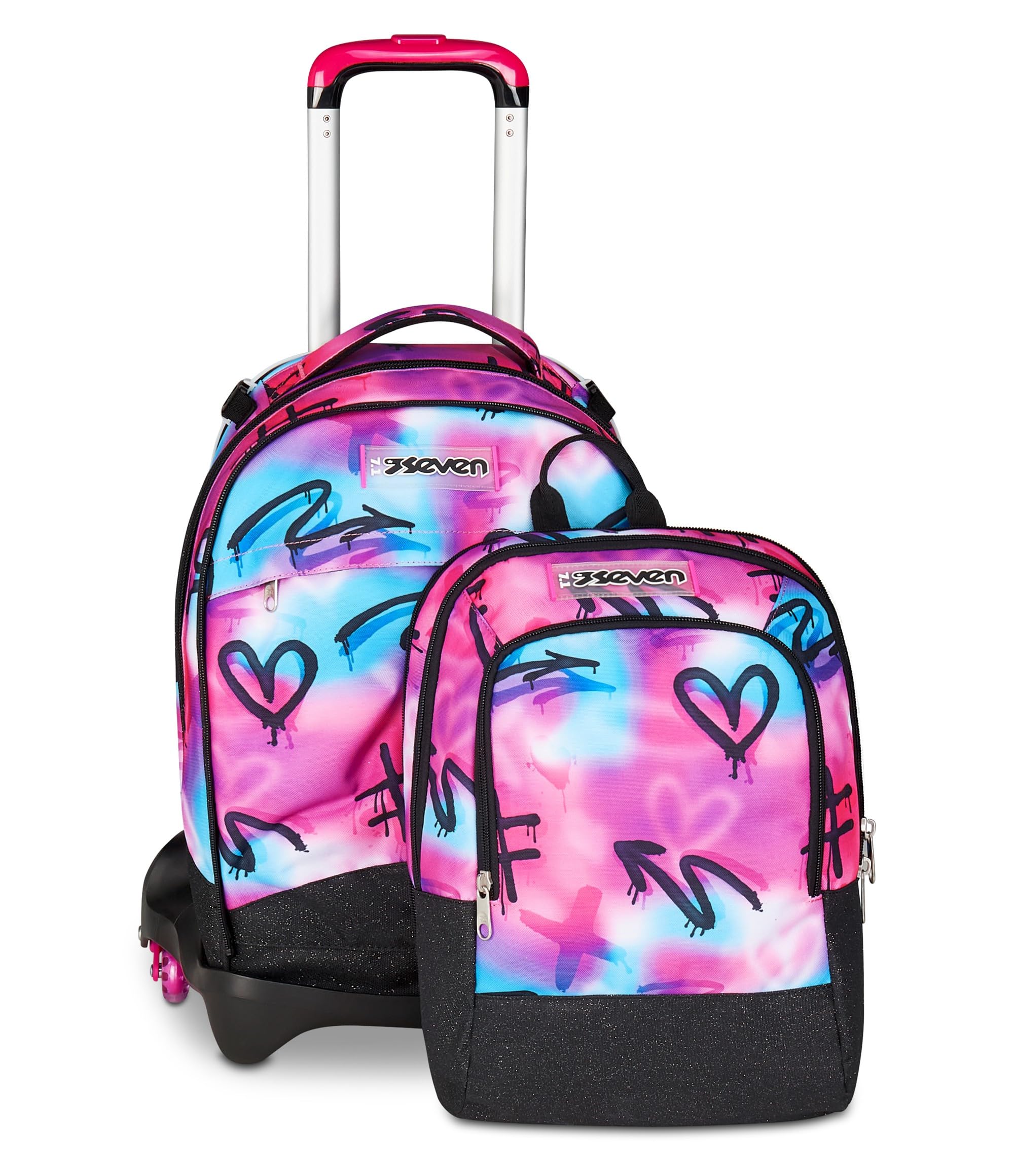 Seven Trolley Scuola Jack 3 Ruote Detach, Fucsia Azzurro, Zaino Con Carrello Sganciabile Da 37 Litri, Tasca Borraccia, Zainetto Staccabile, Multiuso e Spazioso, Per Elementari e Media, Bambina