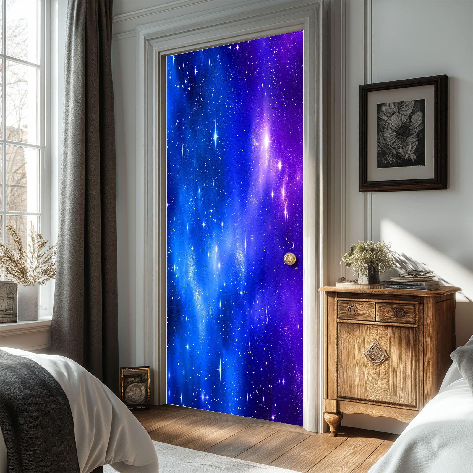 Tapeta na drzwi 3D, samoprzylepna, migoczące gwiaździste niebo, plakat na drzwi, styl fantasy, wodoodporna, zdejmowana folia na drzwi, fototapeta, obraz ścienny do salonu, sypialni, 95 x 215 cm (szer