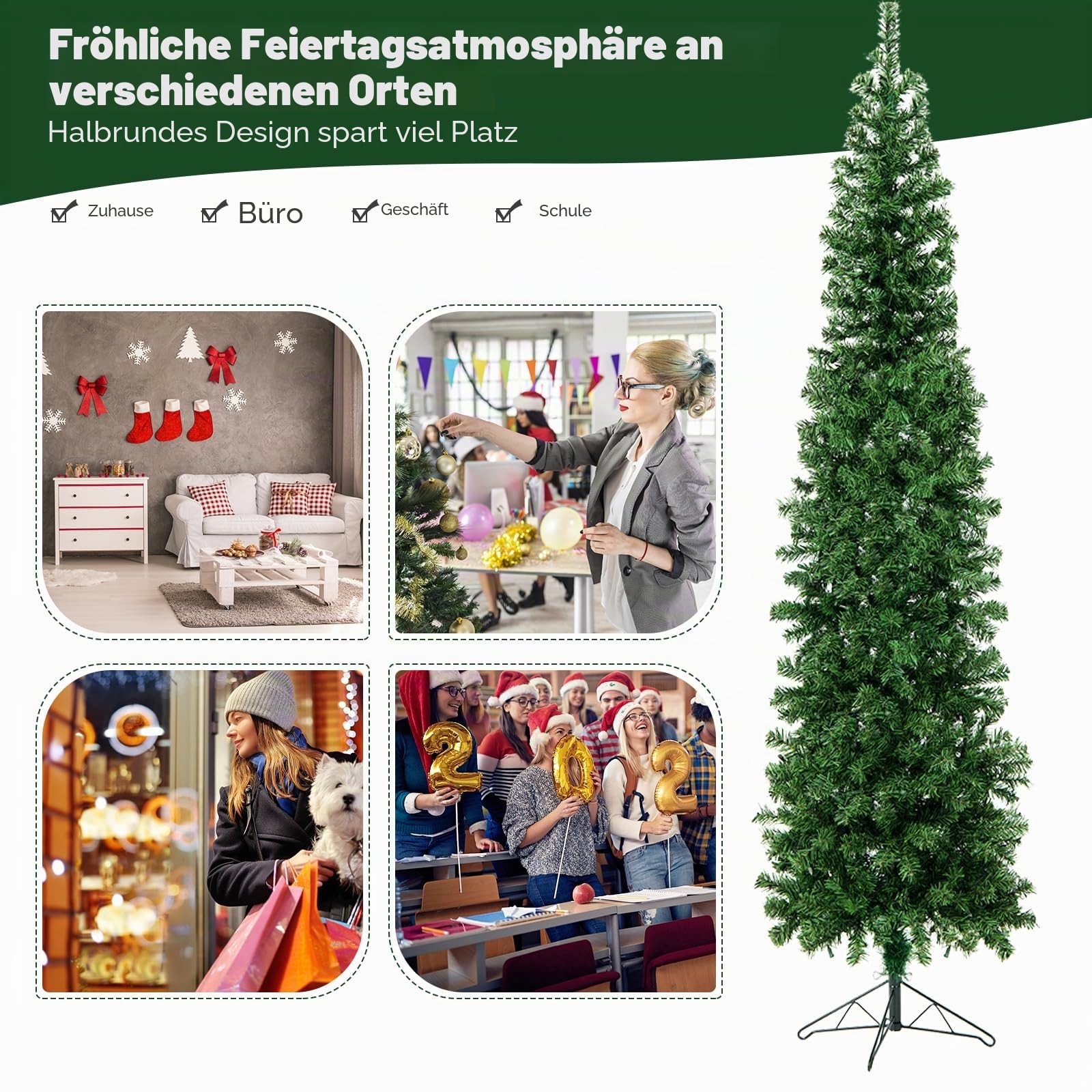 KOMFOTTEU Künstlicher Bleistiftbaum 210 cm mit 150 LED-Lichtern, Halber Weihnachtsbaum mit 403 Zweige & Metallständer, Christbaum Tannenbaum Weihnachtsdekoration für Haus Geschäfte Büro (450 Zweige)