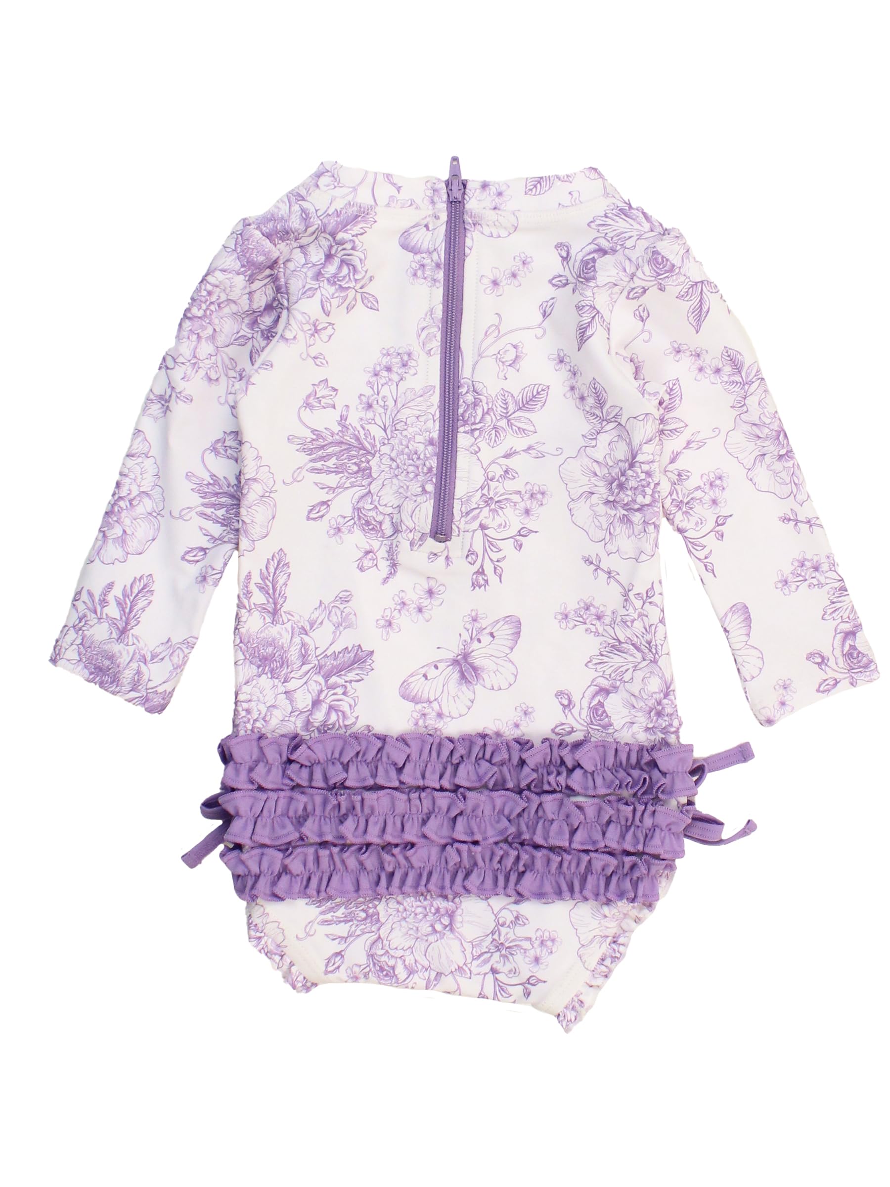 RuffleButts Costume da Bagno Intero A Maniche Lunghe con Stampa Floreale E Protezione Solare UPF 50 per Bambine, con Cerniera, Motivo Giardino di Farfalle Viola Glicine, 18-24 Mesi
