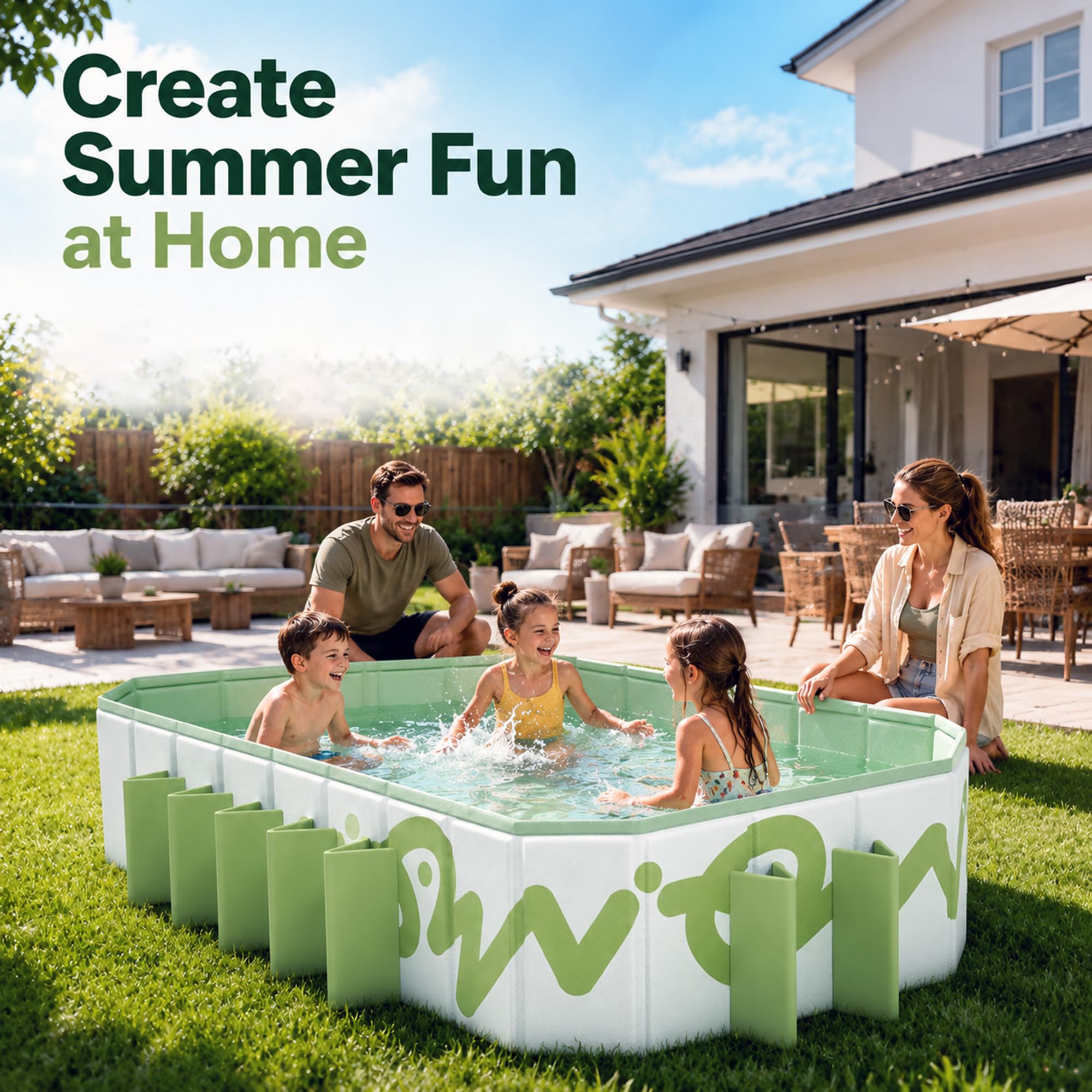 Piscina Elevada Plegable Grande para Niños y Adultos | Piscina Familiar Rectangular No Inflable con Soportes Laterales(green,122in/310cm)