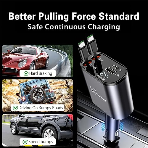 Miniatura 5 de Retractable Car Charger,66W Super Fast USB Car Phone Charger,Dual TypeC Retractable Cables (31.5 inch) and 2 USB Ports Car Charger Adapter for