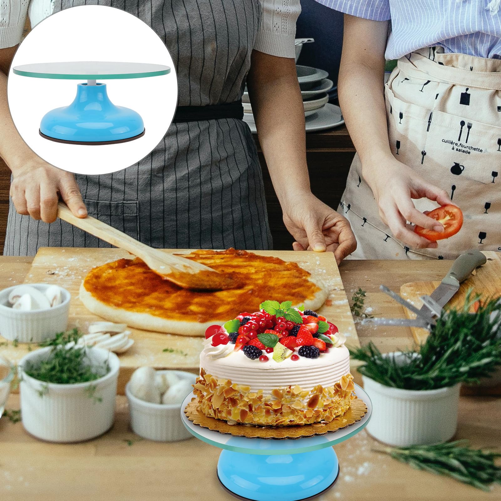 Mesa Giratoria para Tartas Plato de Vidrio Templado Azul, Doble Rodamiento y Estructura Firme, Soporte Antideslizante para Decoración y Repostería en Casa