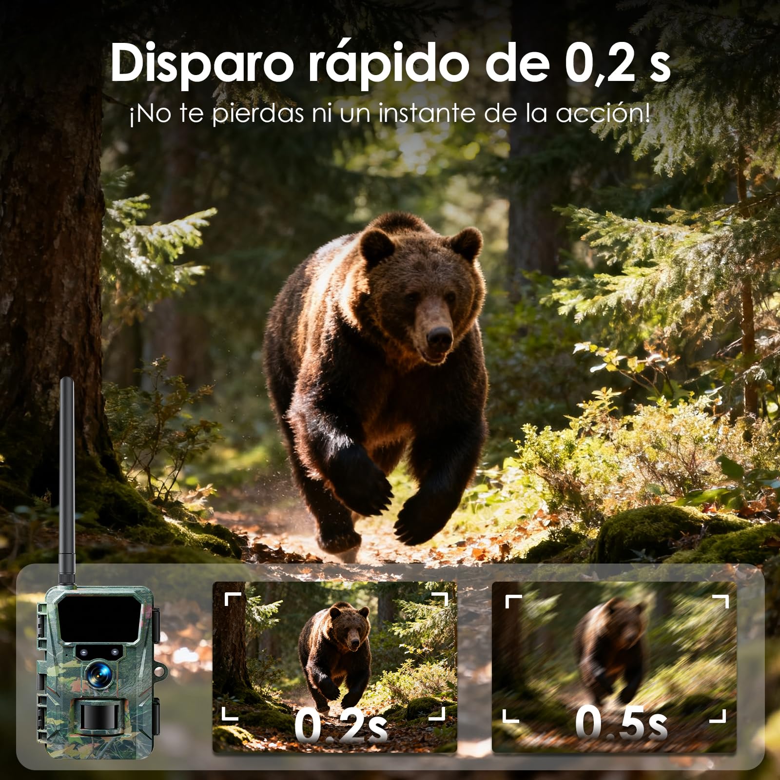 WOLFANG Cámara de Caza 4G, Cámara Fototrampeo 48MP 2K HD, Nocturna 850 NM LED IR con 0,2 s Activación, Cámara Caza Impermeable IP66 para Vida Silvestre y Monitoreo de Seguridad WT07