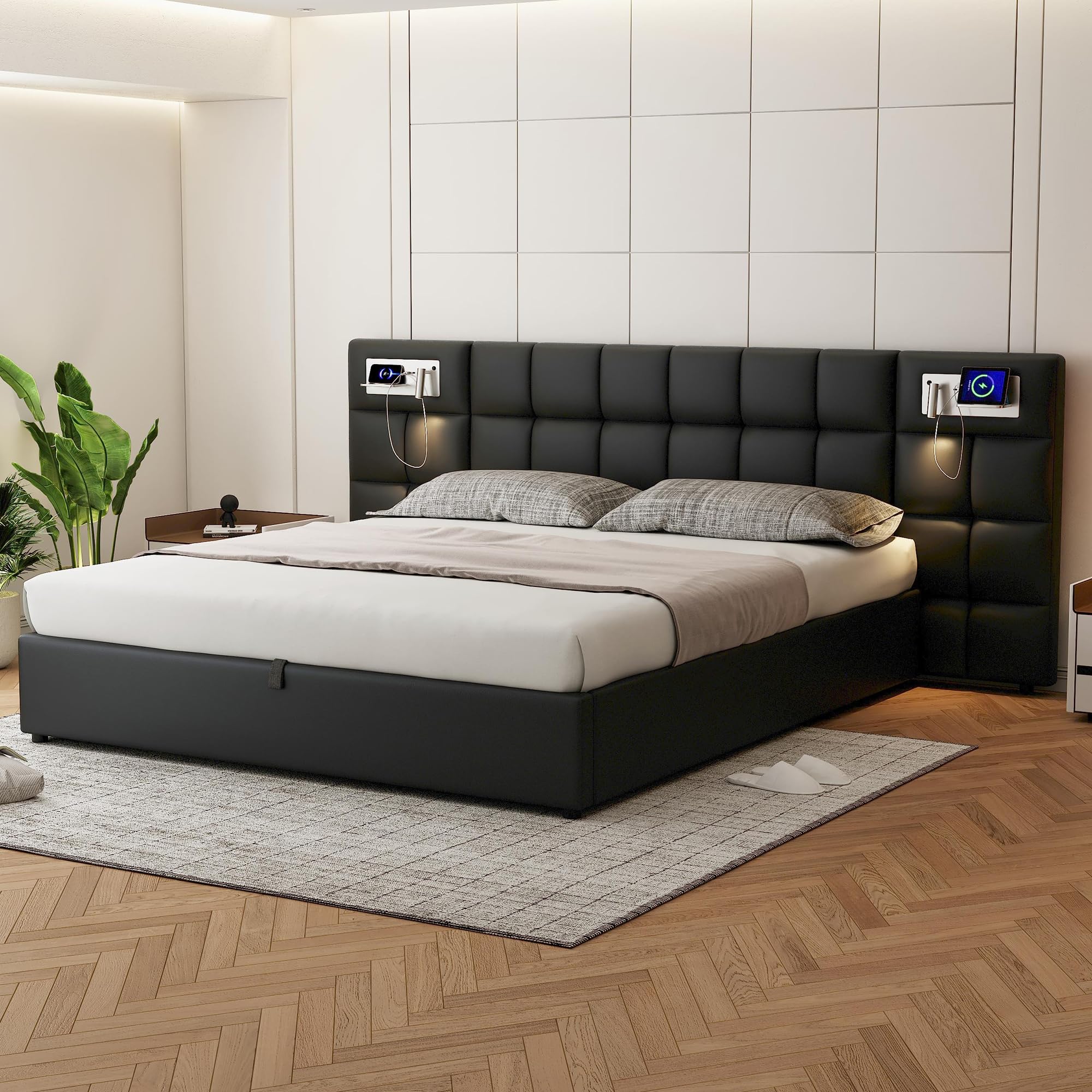 Dolamaní Letto matrimoniale imbottito, 180 x 200 cm, con spazio di archiviazione, cassettiera, idraulico, rete a doghe e testiera imbottita funzionale, extra larga, per adulti e adolescenti,