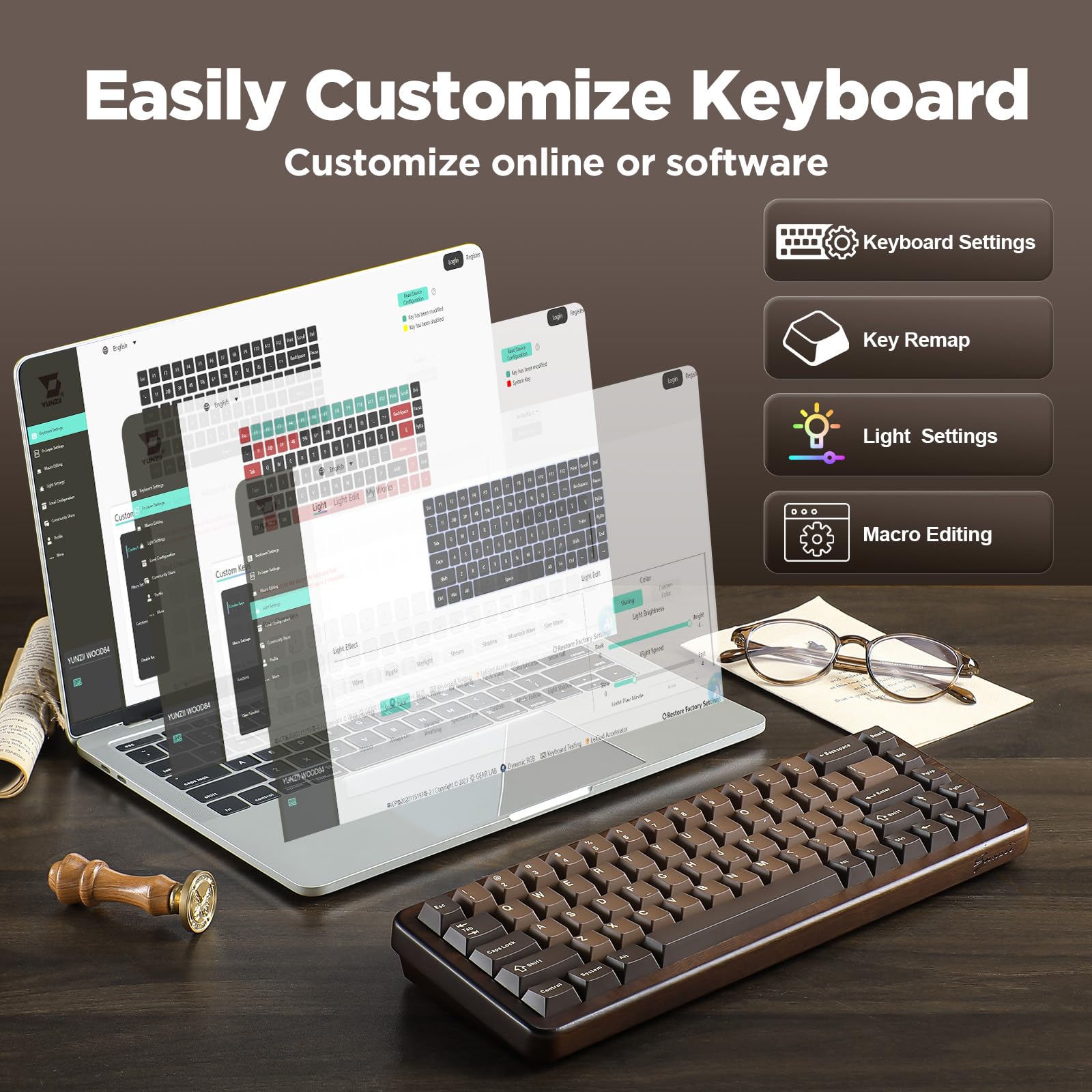 YUNZII WOOD68 Teclado mecânico sem fios 65% de madeira, teclado