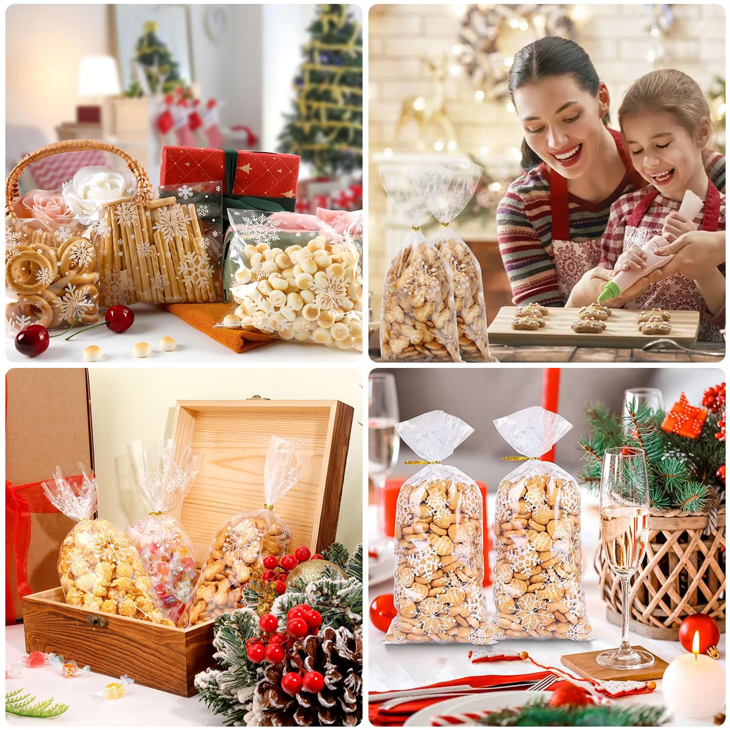 Confezione Da 100 Sacchetti Per Biscotti Natalizi, Sacchetti Per Caramelle Con Fiocchi Di Neve, Sacchetti In Cellophane Trasparente Con 100 Lacci, Per Caramelle, Biscotti, Cioccolatini