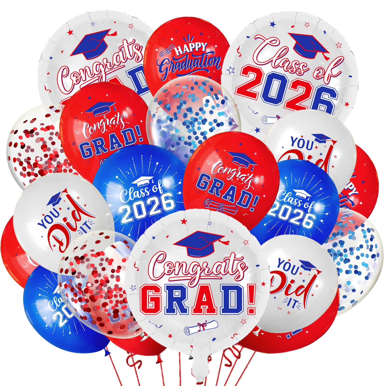 Red and Blue Graduation Balloons Graduation Decorations 2026, 51Pcs Grad Latex Balloons and Grad Foil Balloon with Confetti Ribbons Grad Party Decorations for College High School
