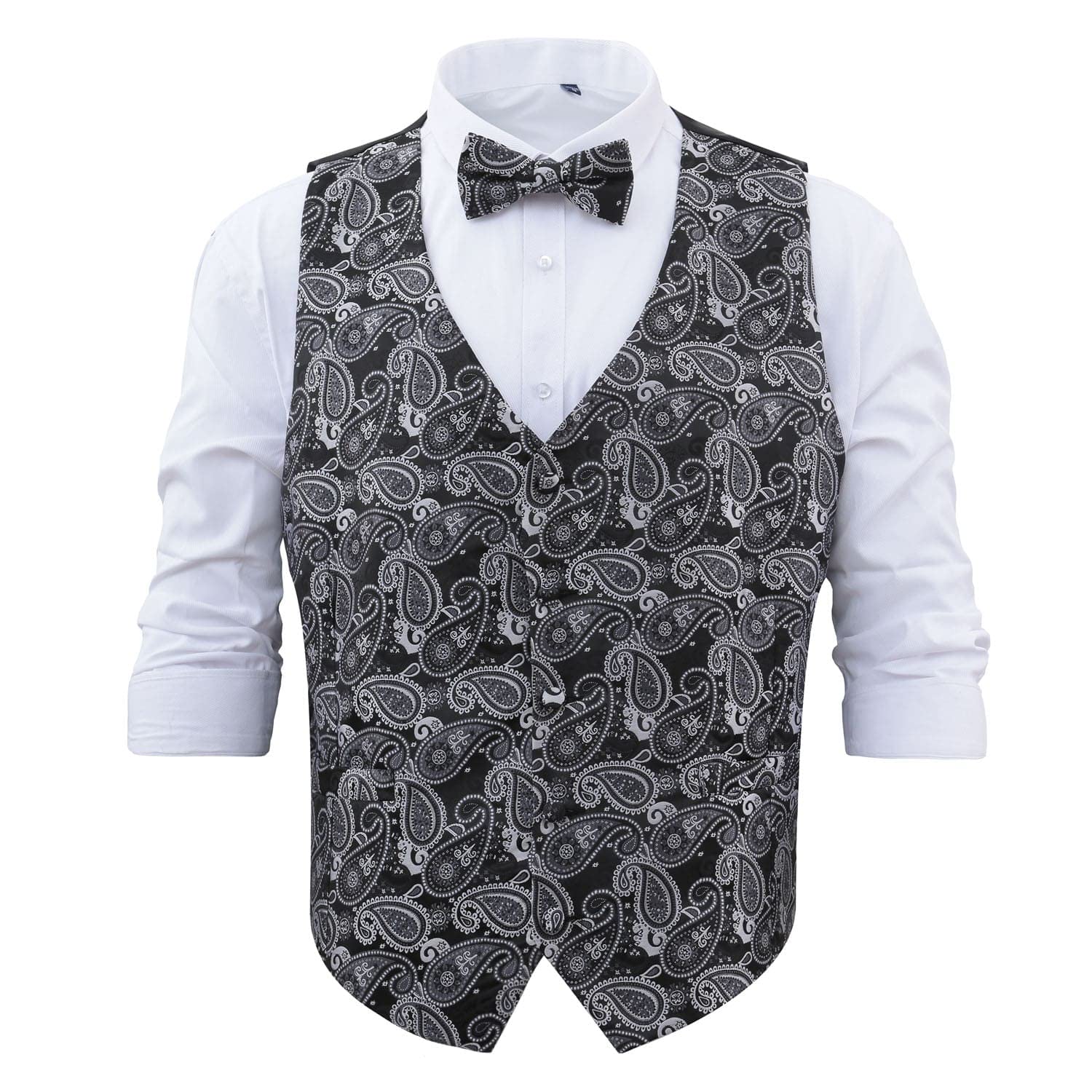 Dqt Men's Black & Silver Paisley Bohemian Wedding Waistcoat & Bow Tie Set – Formal Suit Groom Best Man – – 2XL (44")
