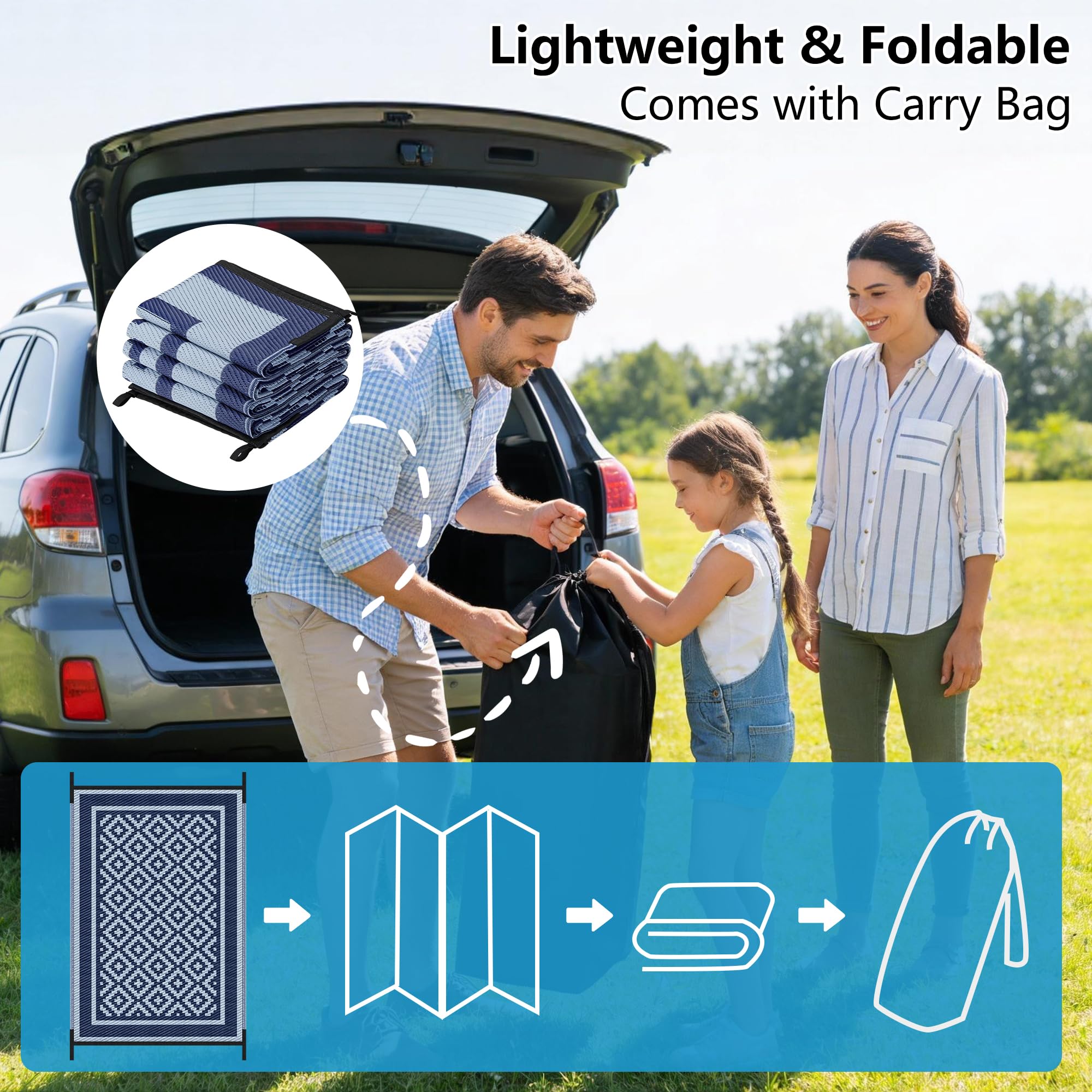 Kohree Tapis d'extérieur réversible avec 4 piquets et 1 sac de transport pour camping-car, terrasse, arrière-cour, pique-nique, porche, bleu, 2,9 x 3,5 m