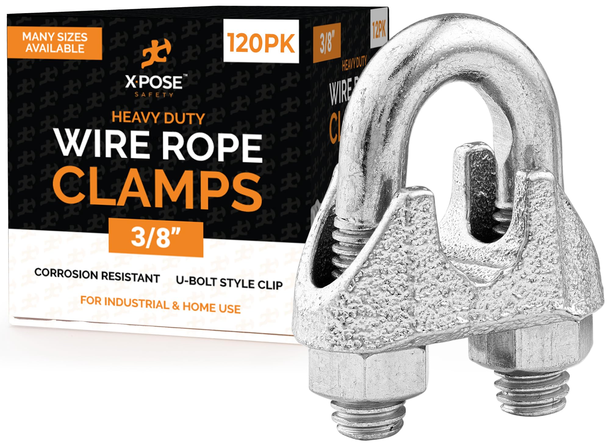 Xpose Safety - Morsetto per fune metallica in acciaio inox, 3/8", zincato a U, clip per cavi, per recinzioni metalliche, antenne, stendibiancheria, ferramenta, gabbia di battuta, confezione da 120