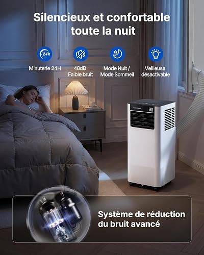 Climatiseur Mobile 7000 BTU, 3-en-1 Écoénergétique Climatiseur Portable, Kit Fenêtre Inclus, Contrôle Via Application/Télécommande, Silencieux <48 dB, Minuterie 24 H, Idéal Pour Pièces Jusqu’à 20 m² - 5