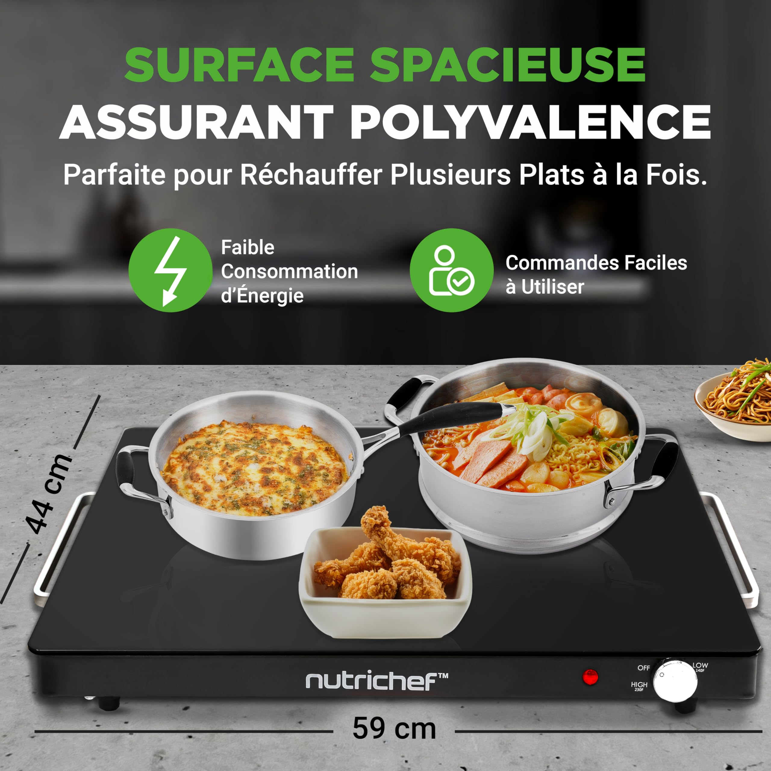 NutriChef Plaque Chauffante Électrique 54×42 cm – Température Réglable 60 à 110 °C, Surface Antiadhésive, Chauffe-Plats pour Buffet et Grillades