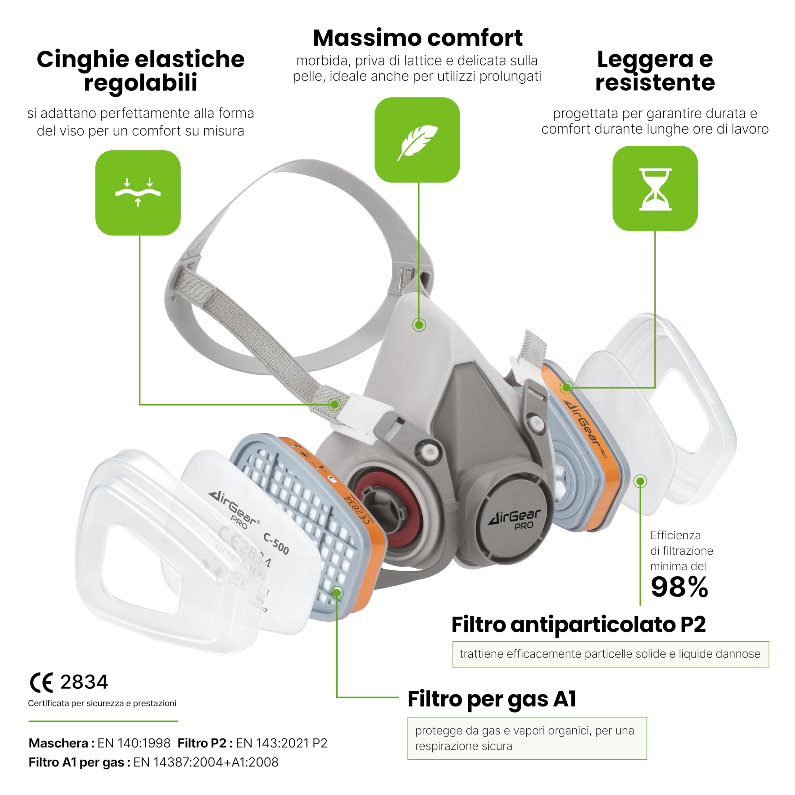 AirGearPro G-500 Maschera di protezione respiratoria riutilizzabile, anti-polvere, anti-gas, con filtri e occhiali di protezione per pittura, lavoro, fai da te, levigatura