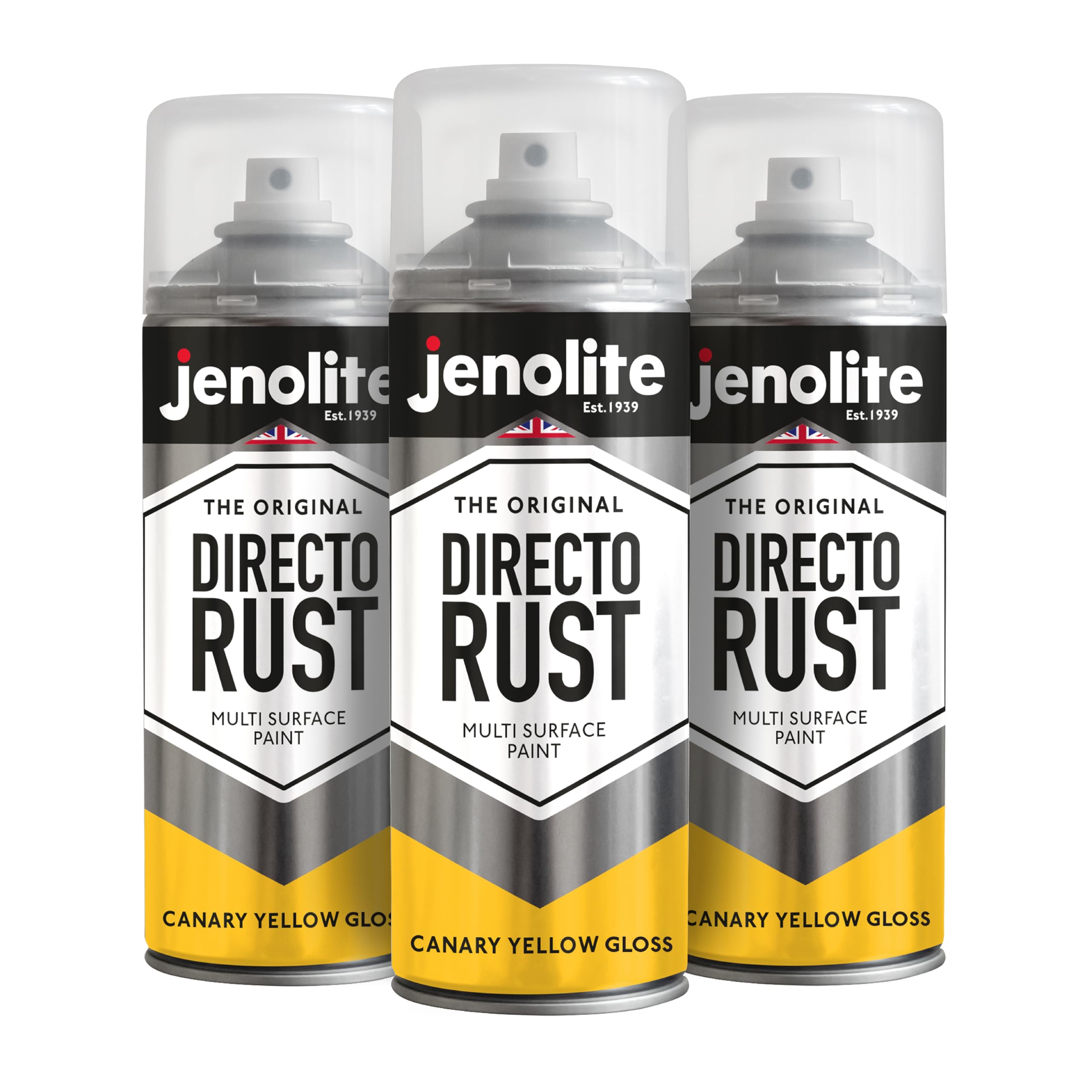 Jenolite Canary Yellow Directorust Gloss Spray Paint | | 3 X 400Ml | Direct To Rust Spray Paint For Metal | Multi Surface Gloss Aerosol For Wood, Metal, Plastic, Ceramic | Ral 1018