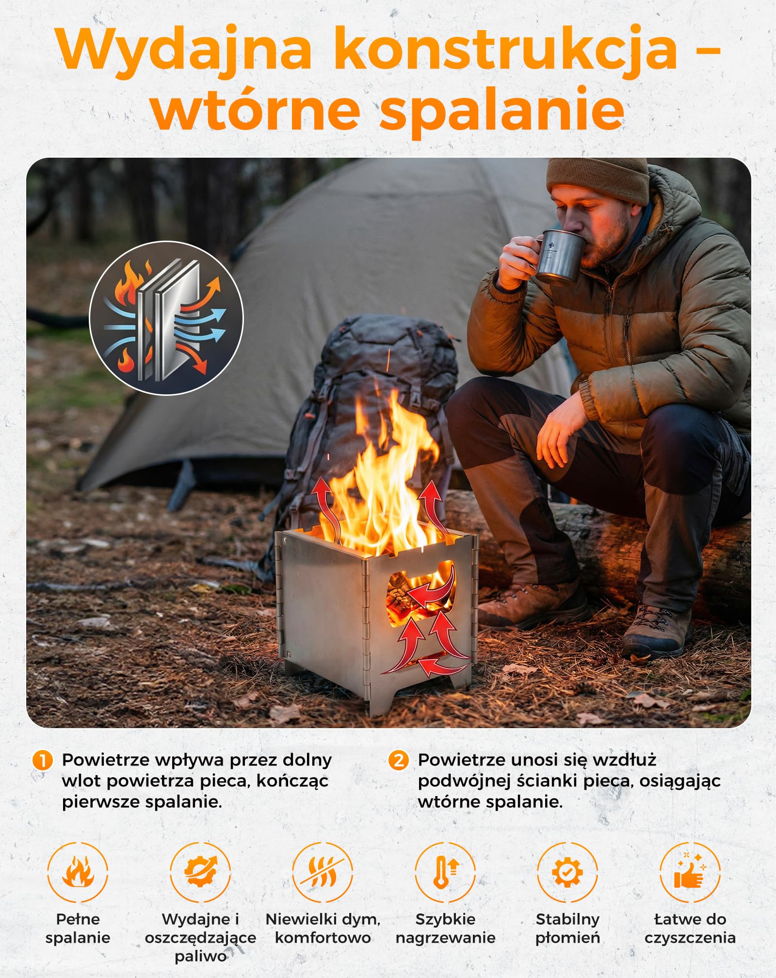 COOK'N'ESCAPE Przenośny piec kempingowy z drugim spalaniem, składany piec na drewno ze stali nierdzewnej, kuchenka outdoorowa z tytanową płytą grillową, nadaje się na kemping, grillowanie, wędrówki