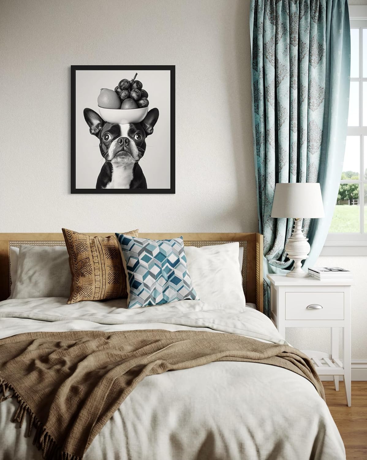 Boston Terrier with Fruit Bowl Kitchen Wall Art Print Poster, Black and White Dog Dining Room Chef Farmhouse Food Painting 225 (Boston Terrier with Fruit Bowl, 18 x 24 inches, Unframed)