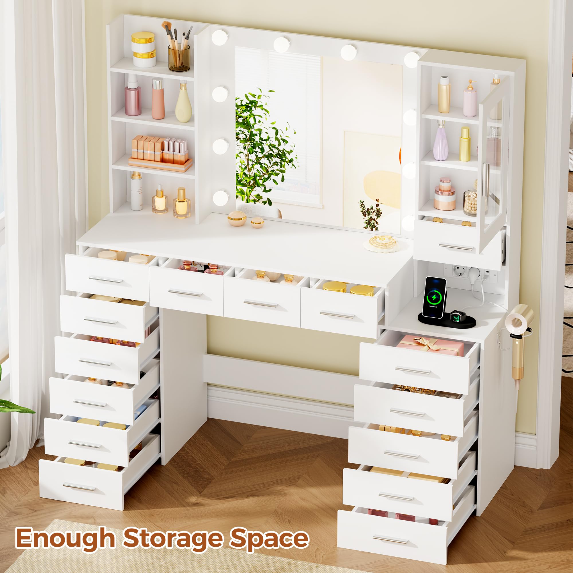 ANWBROAD Grande Tocador con luz LED, Brillo Regulable,Tocador de Maquillaje con Espejo y Enchufes, Mesa de Maquillaje con 15 cajones y 7 Estantes Abiertos para Dormitorio,Blanco Moderno BDT37W