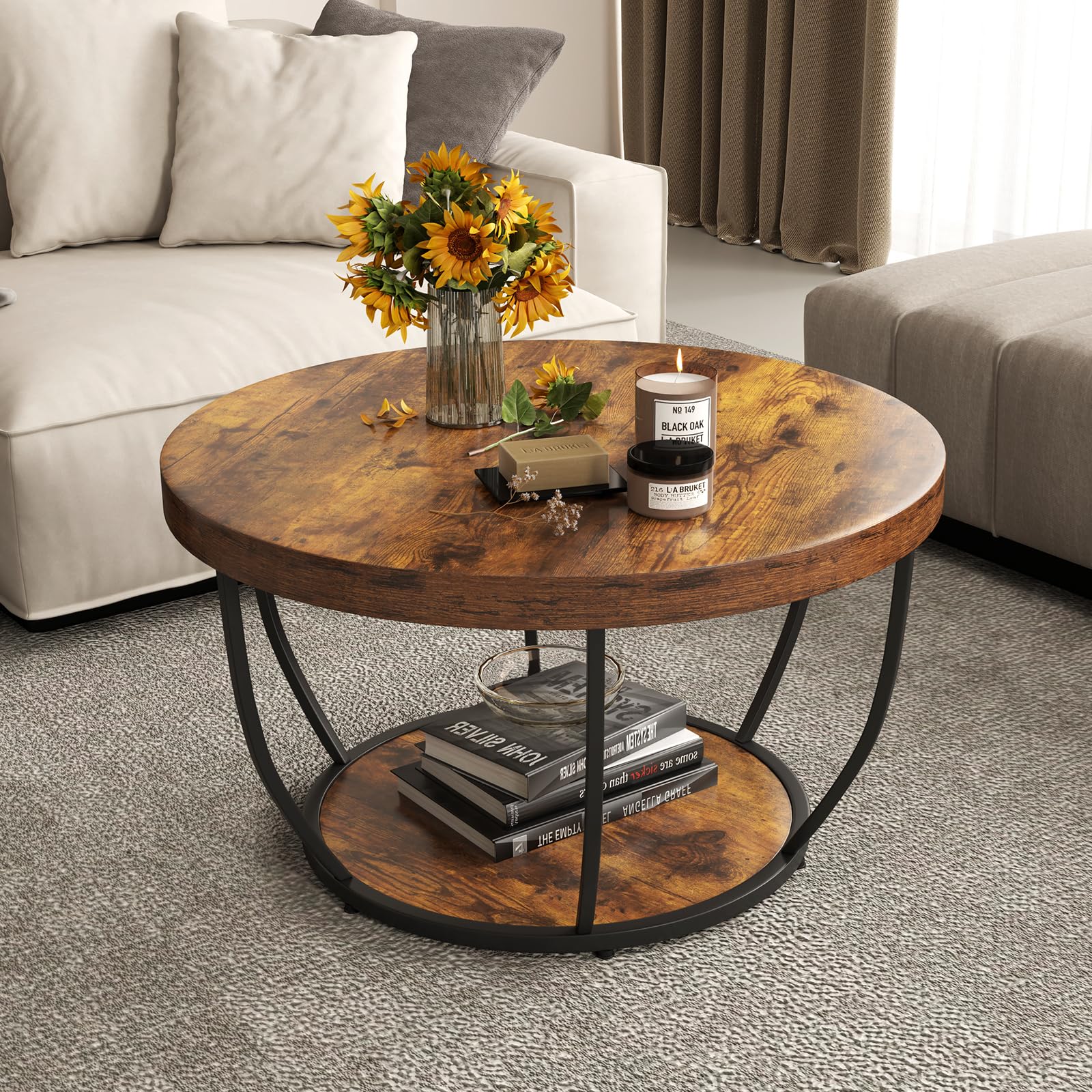 COSTWAY Couchtisch rund, Sofatisch Holz mit 2 Ebenen & Metallrahmen, Wohnzimmertisch Kafeetisch 80 cm D für Wohnzimmer, Empfangsraum, Büro (Rustikales Braun)