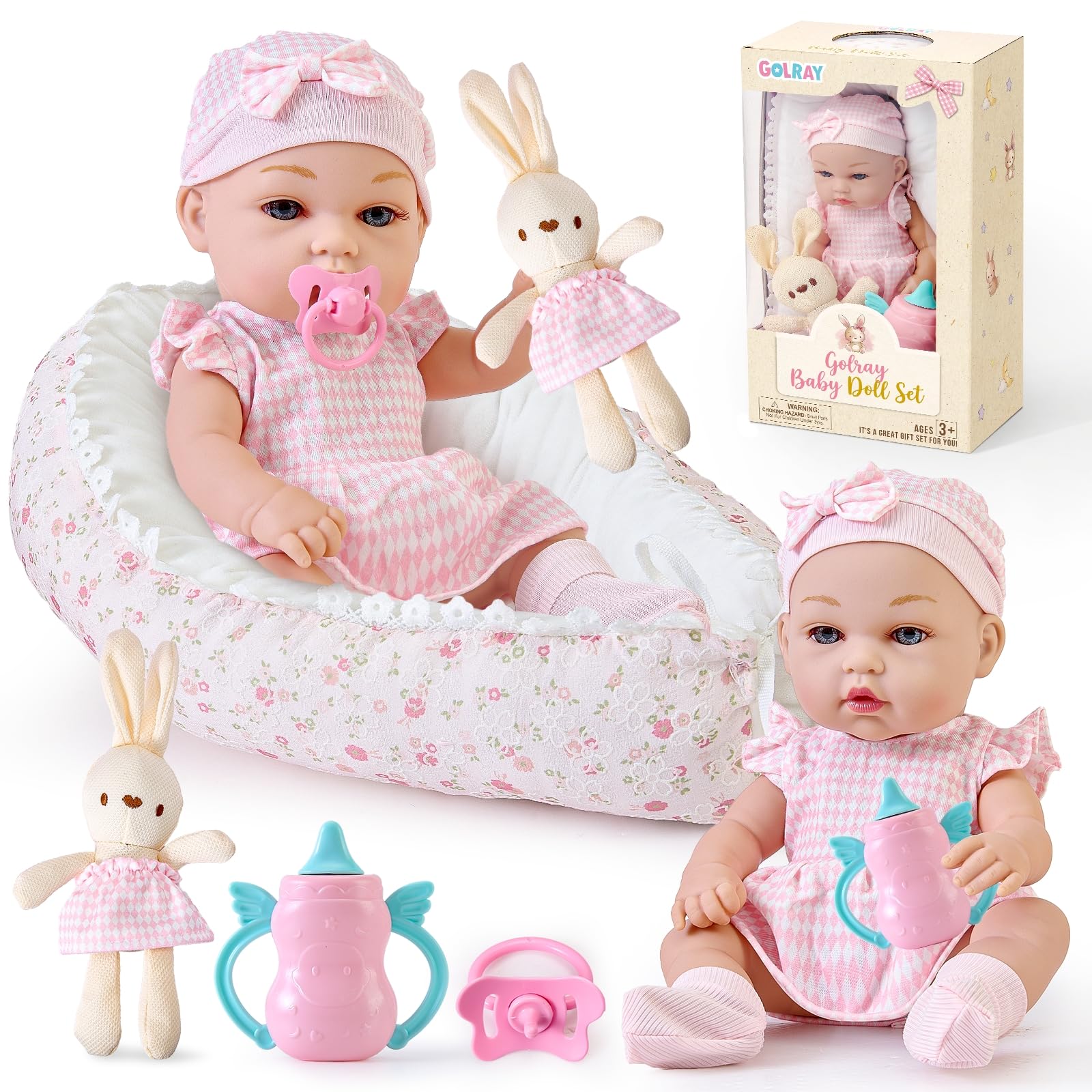 Baby Doll Set,13 Inch Baby Doll Accessories for Girl Adjustable Cot Clothes Bottle Pacifier Bunny Toy, Bedtime Feeding Playset Pretend Play Toys Gift for 3 4 5 6 Years Old Kids Girls Toddlers
