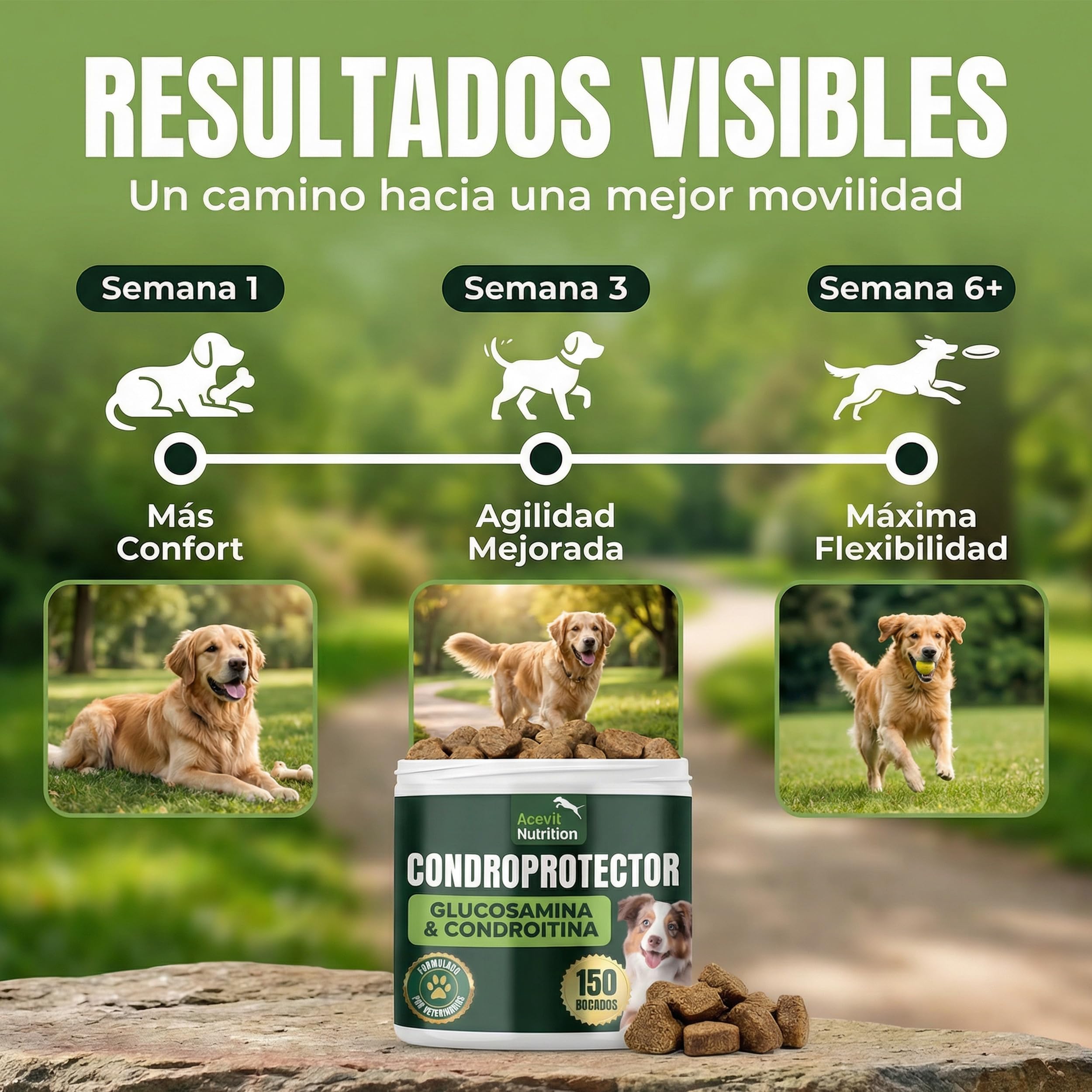 Condroprotector para Perros, 150 Unidades, 100% Natural, Antiinflamatorio, Articulaciones y Cartílagos, Antiartrosis con Colágeno, Glucosamina, Condroitina, MSM, Ácido Hialurónico, Omega 3 y 6