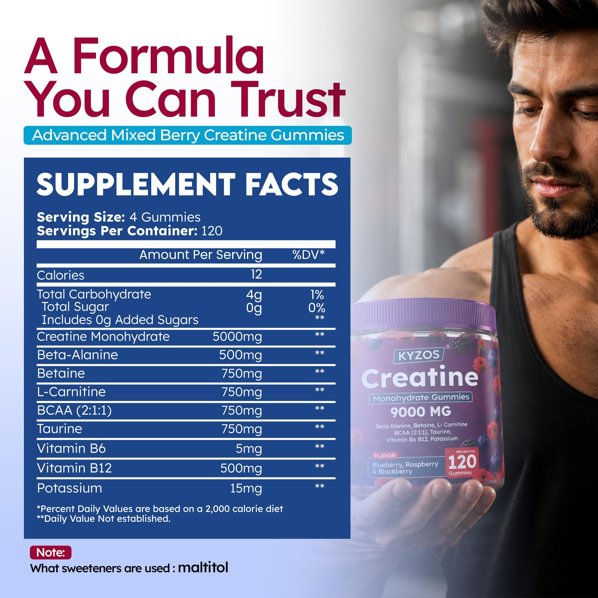 Creatine Monohydrate Gummies 5000mg for Men & Women, Blended BCAA 2:1:1, Beta-Alanine, Taurine & L-Carnitine, Sugar Free Mixed Berry Flavored, 120 Count — Amazon image 8