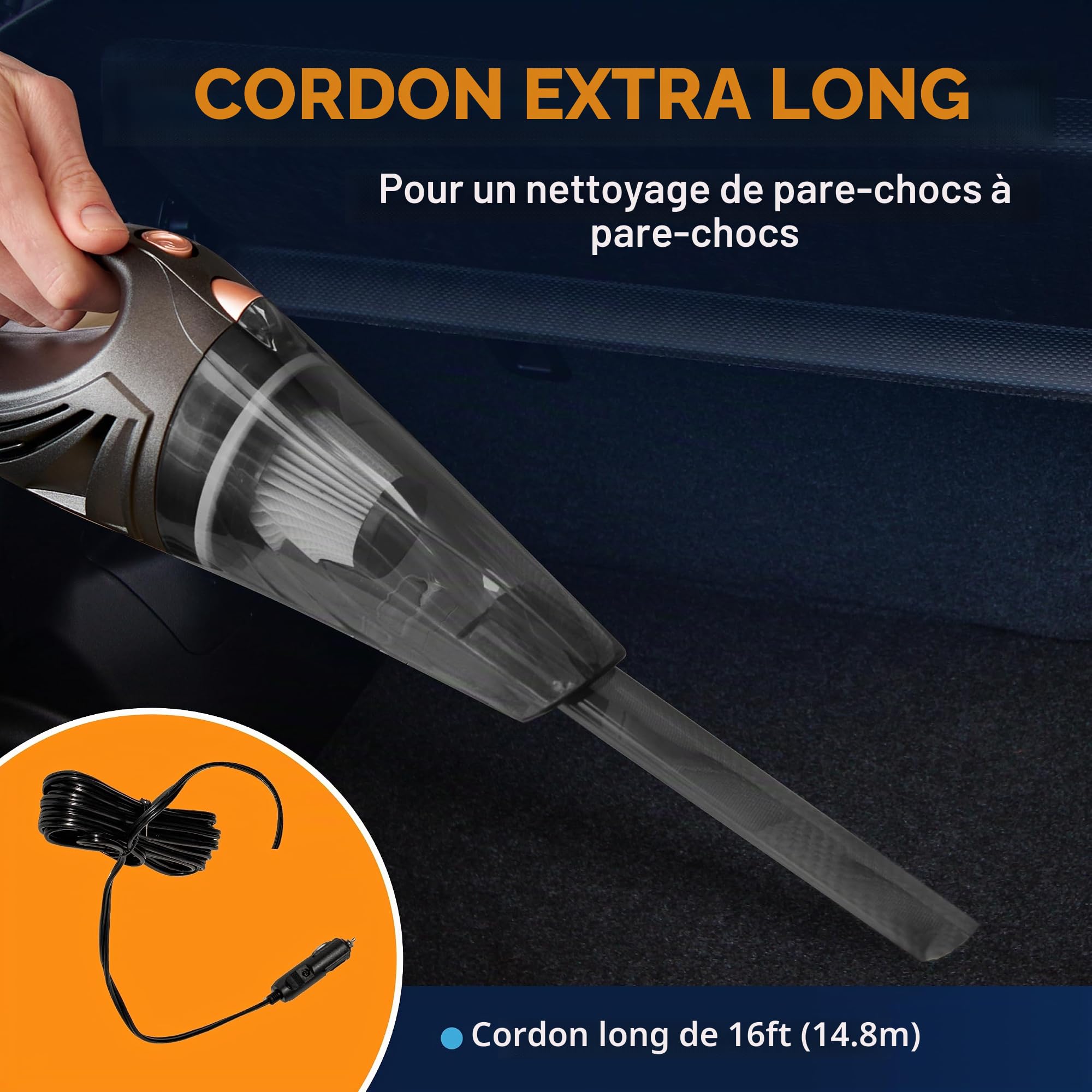 ThisWorx Aspirateur Voiture Puissant - Mini Aspirateur à Main 110W, 12V avec 3 Embouts et Sac de Transport, Cordon 5 m, Accessoire Voiture - Noir
