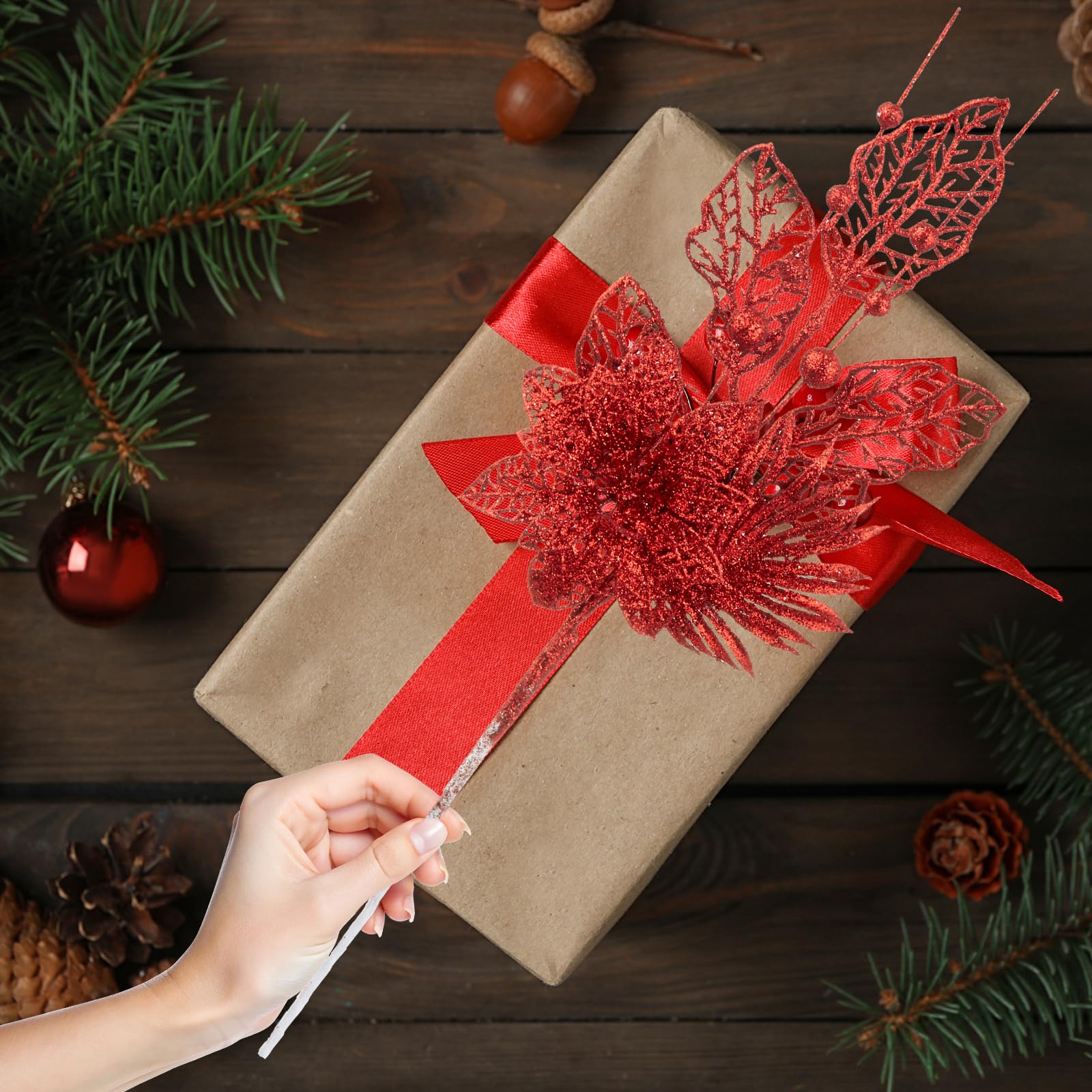 Paquete de 24 adornos para árbol de Navidad, flores artificiales con purpurina, tallos de bayas de Navidad, ramas para decoración de árbol de Navidad, relleno de jarrón, vacaciones, boda, fiesta,