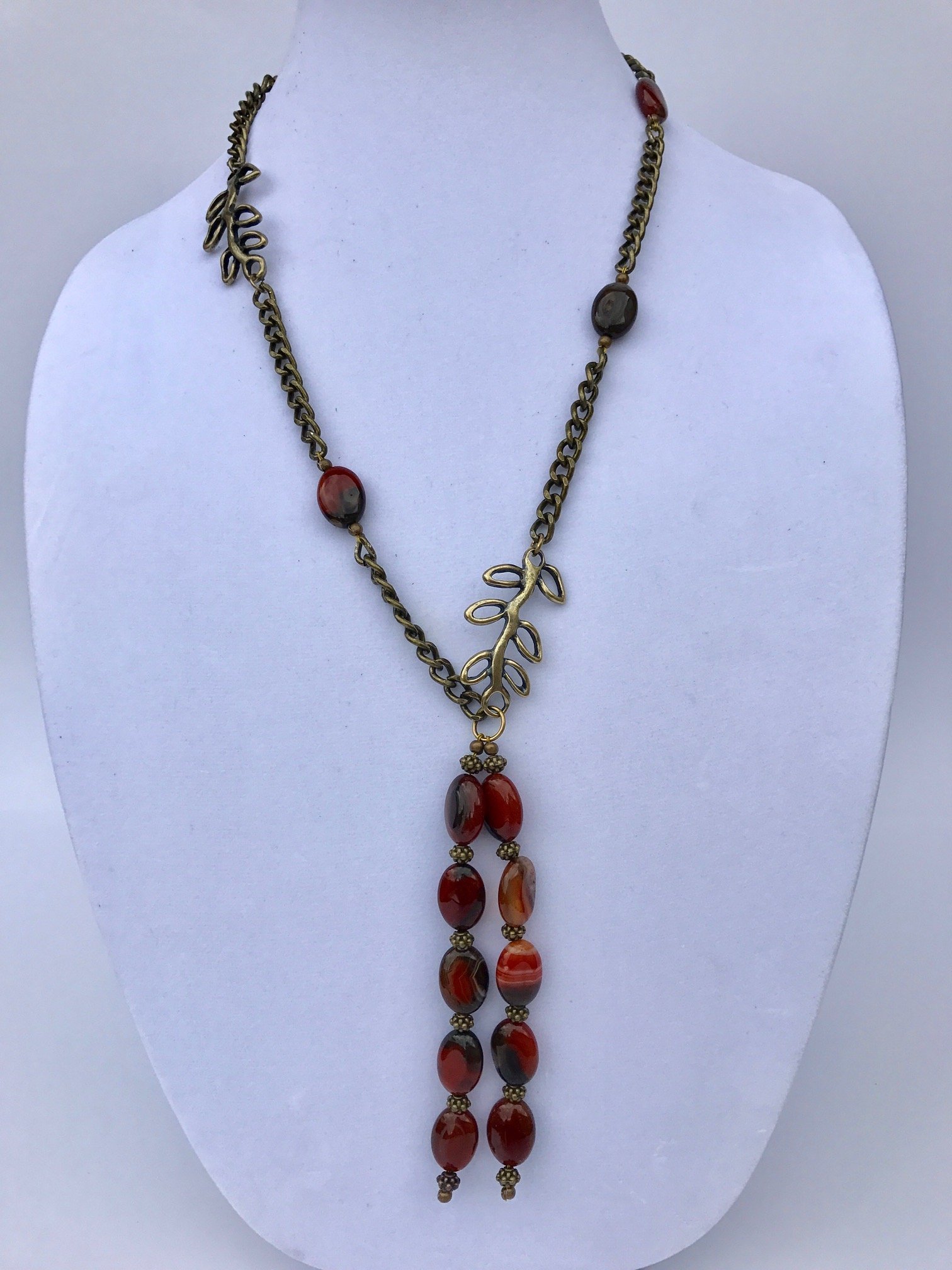 Lariat Style Necklace with Red Oval Carnelian Gemstones