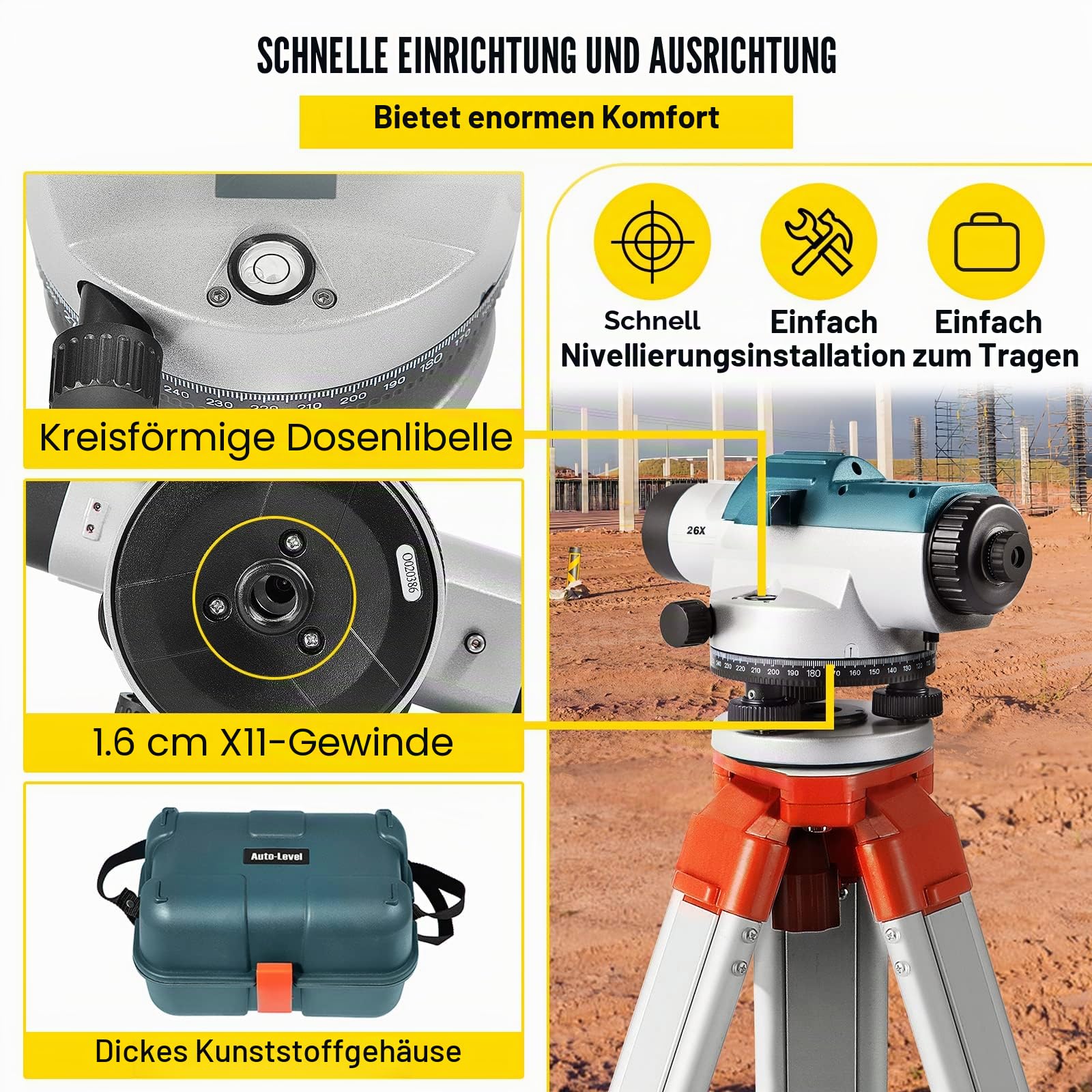 VEVOR Professional Optisches Nivelliergerät (26-fache Vergrößerung, Arbeitsbereich: bis zu 100 m, im Transportkoffer), Selbstnivellierend Nivelliergerät 15,8 mm Gewinde Staubdichtes Nivellierset, Grün