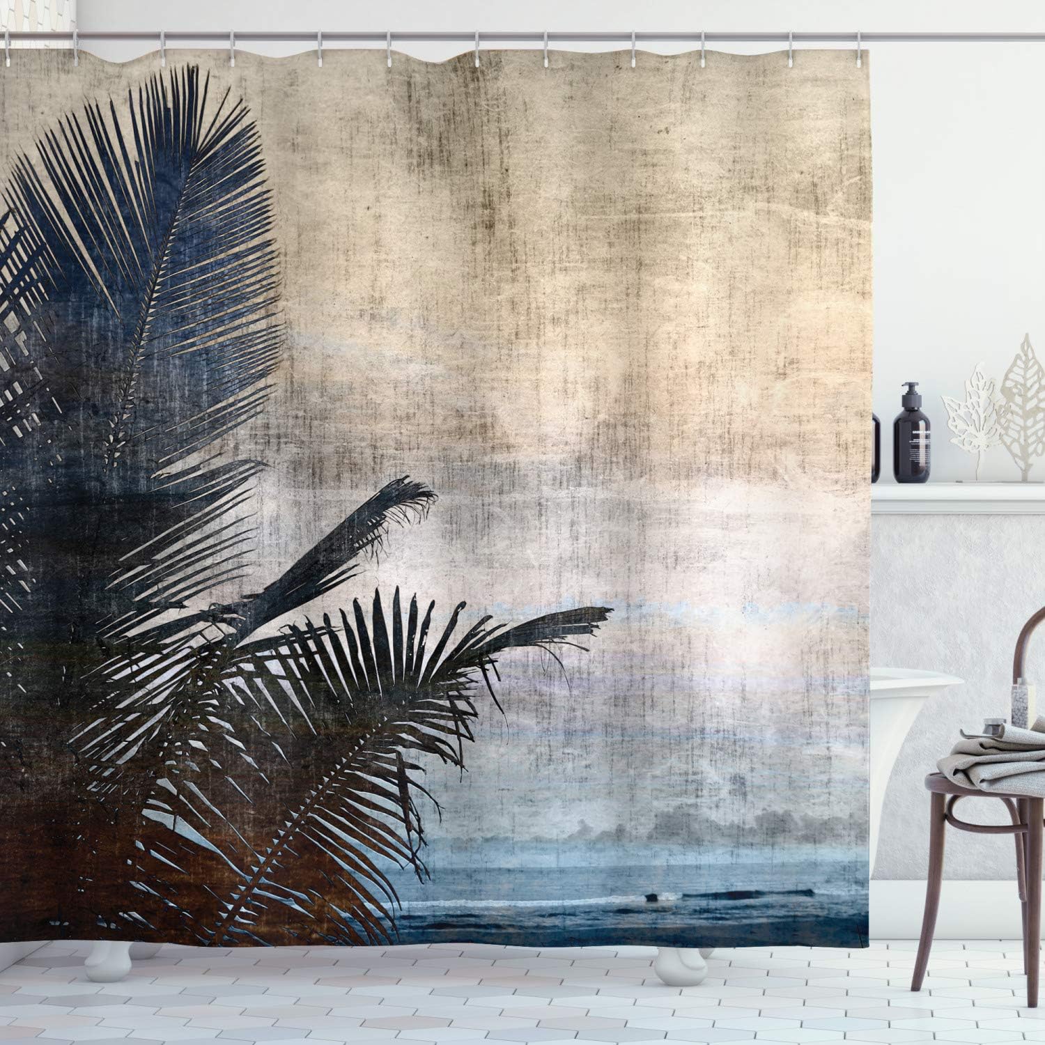 Ambesonne Hawaiian Shower Curtain, Palm Tree Leaves on Grunge Background with Sea Vintage Waterscape Illustration, Cloth Fabric Bathroom Decor Set with Hooks, 69" W x 84" L, Beige Navy