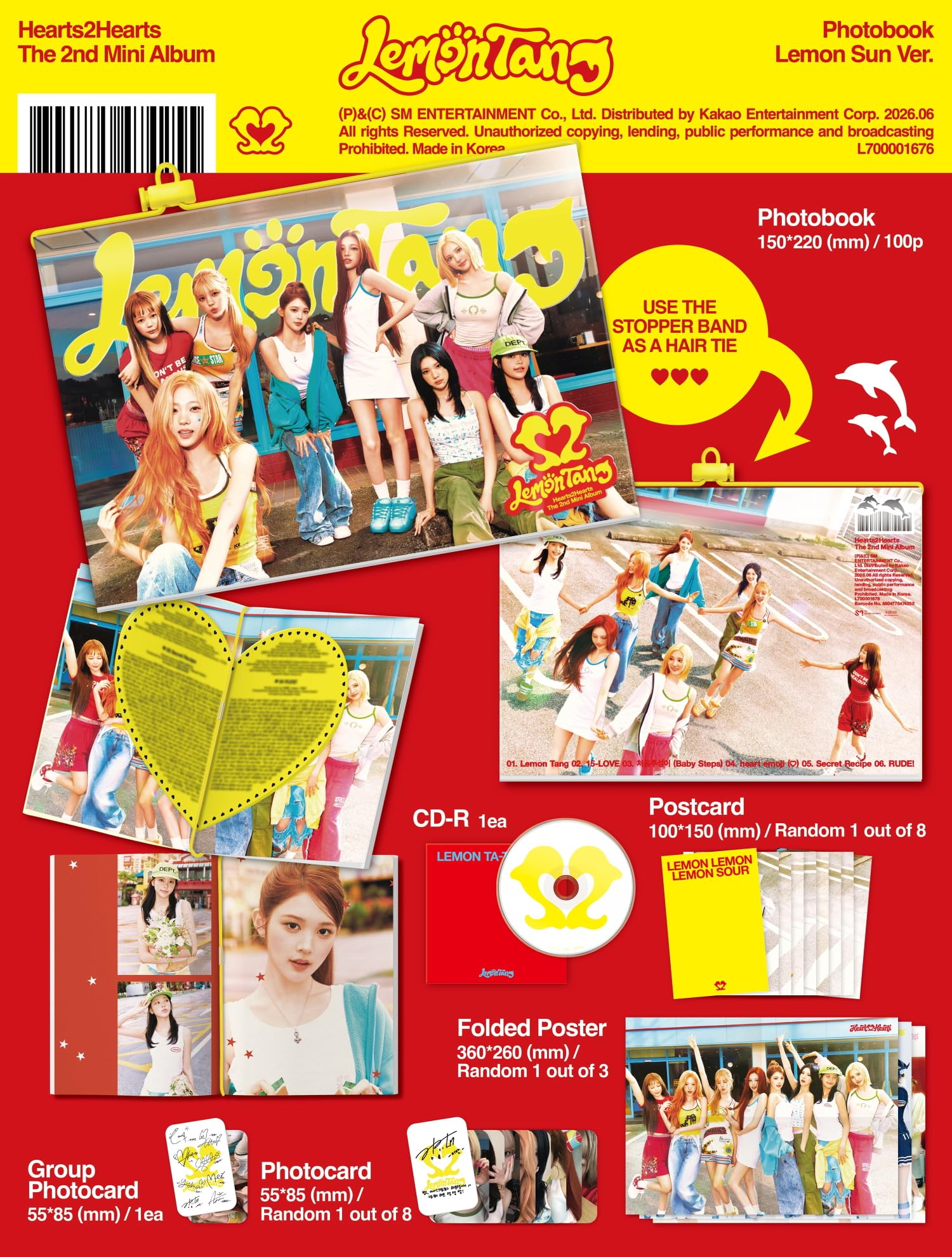 (Juego de 5 versiones: 1 libro de fotos, 1 calcomanía, 1 llavero, 1 estuche para joyas, 1 kit de verano), Hearts2Hearts Lemon Tang 2º mini álbum con seguimiento H2H