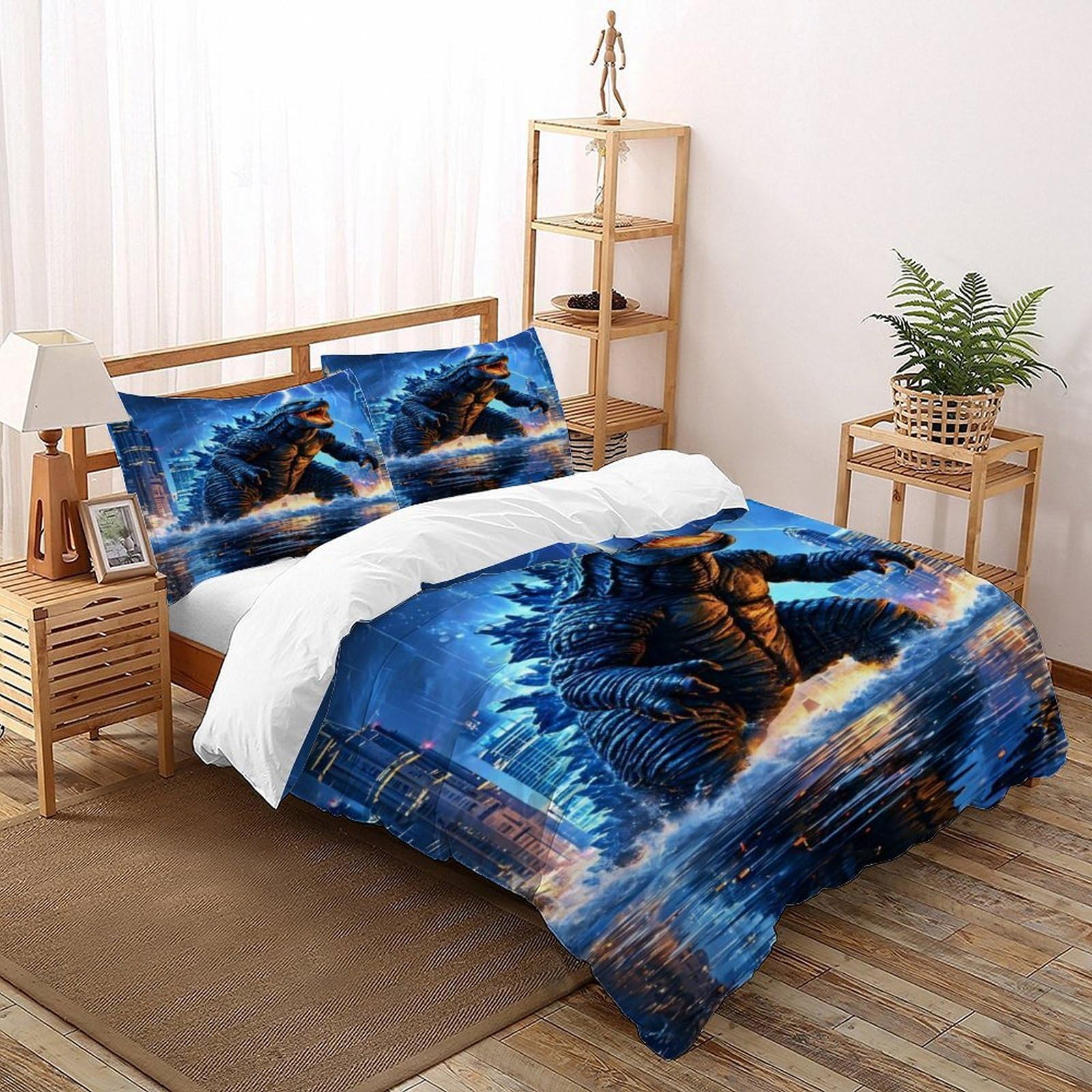 LumeNest Godzilla Cityscape Bedding Set Theme Bedspread Animal Themes Wildlife Duvet Cover Set Microfiber Comforter Cover for Boys&Girls with Pillowcase Double（200x200cm）