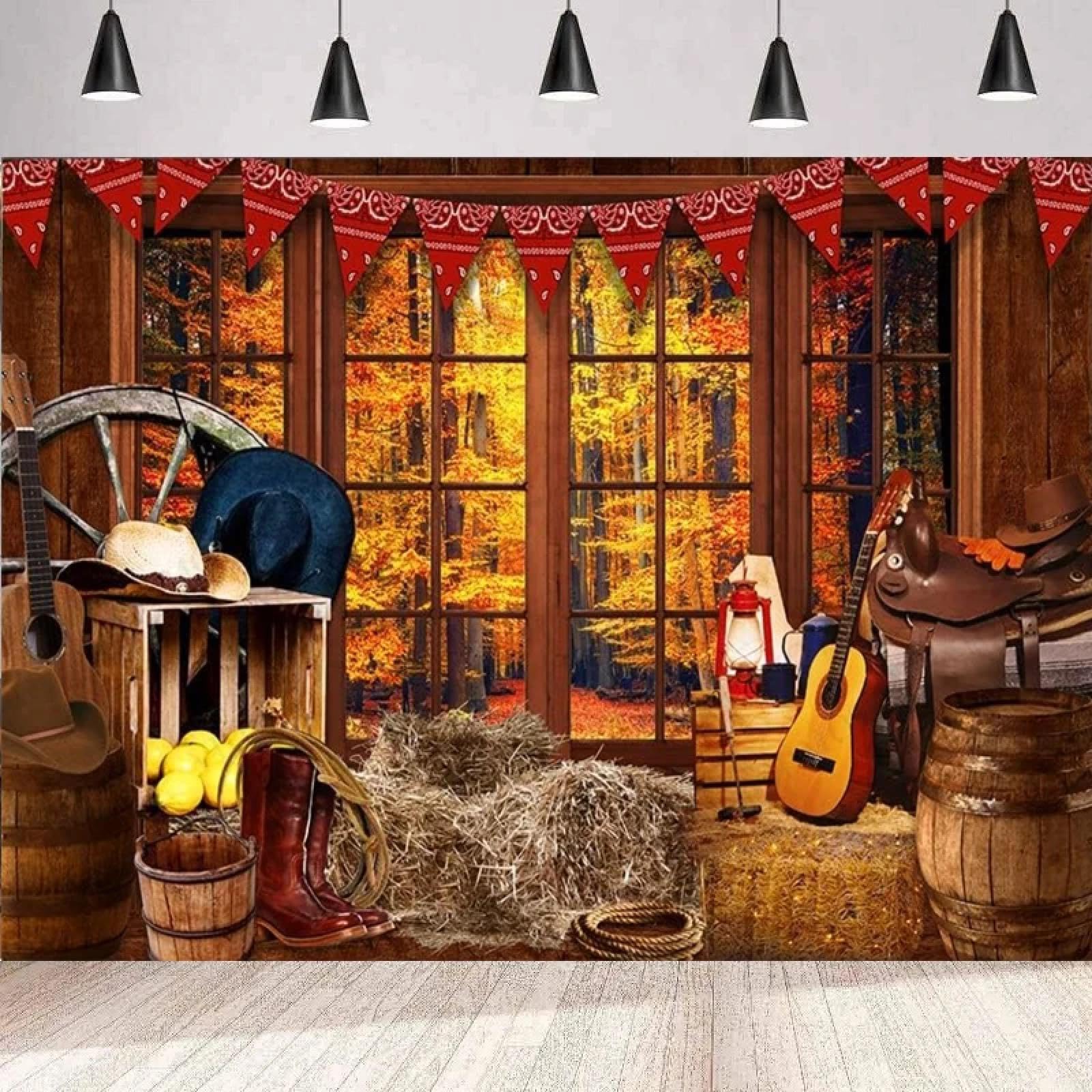 Sfondo fotografico cowboy occidentale Acero autunnale per il Ringraziamento Western Country Music Farm Banner Poster da parete di