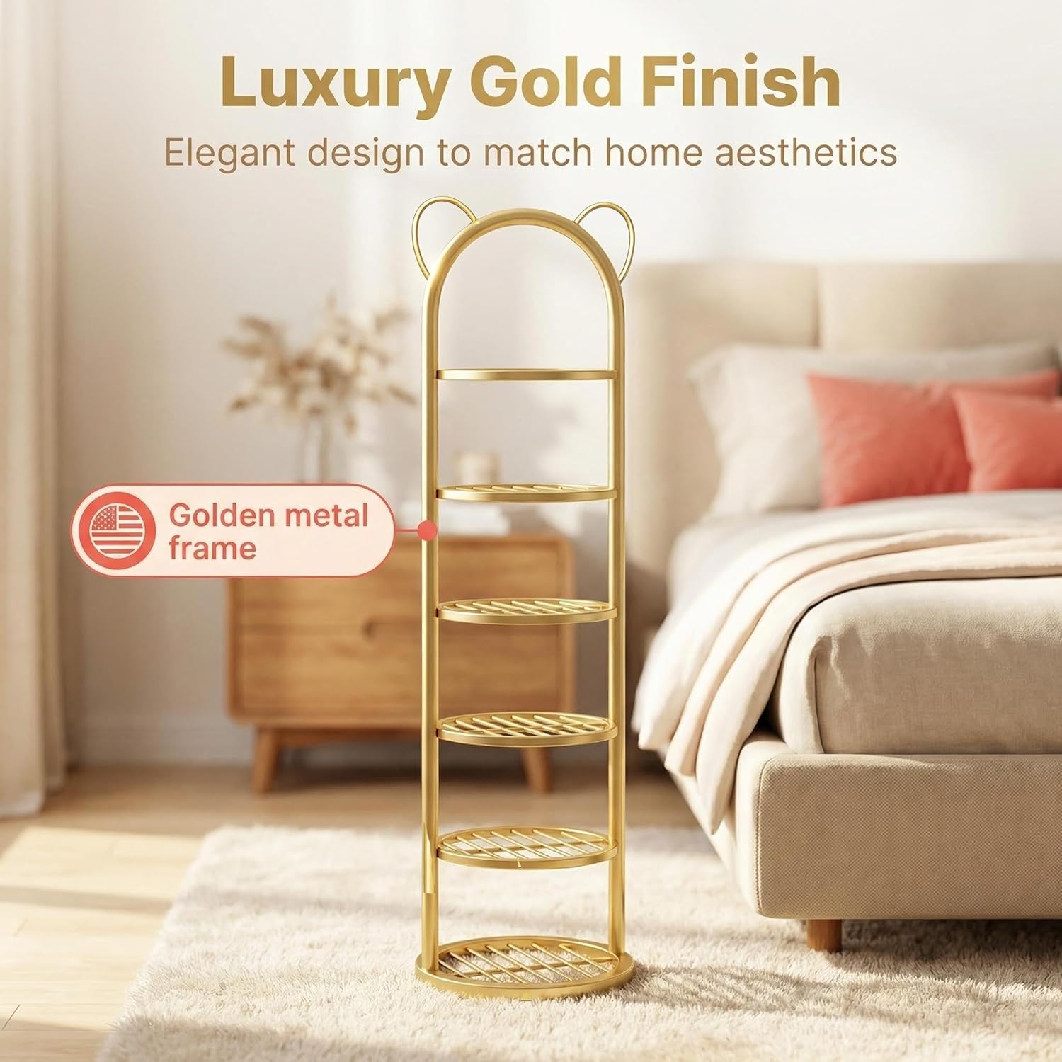 6-Tier Gold Vertical Shoe Rack, Slim Metal Corner Shoe Shelf Organizer for Small Spaces, Cute Cat Ear Slipper Stand Holder, Narrow Storage Tower for Entryway, Bedroom, Closet & Dorm (Golden)
