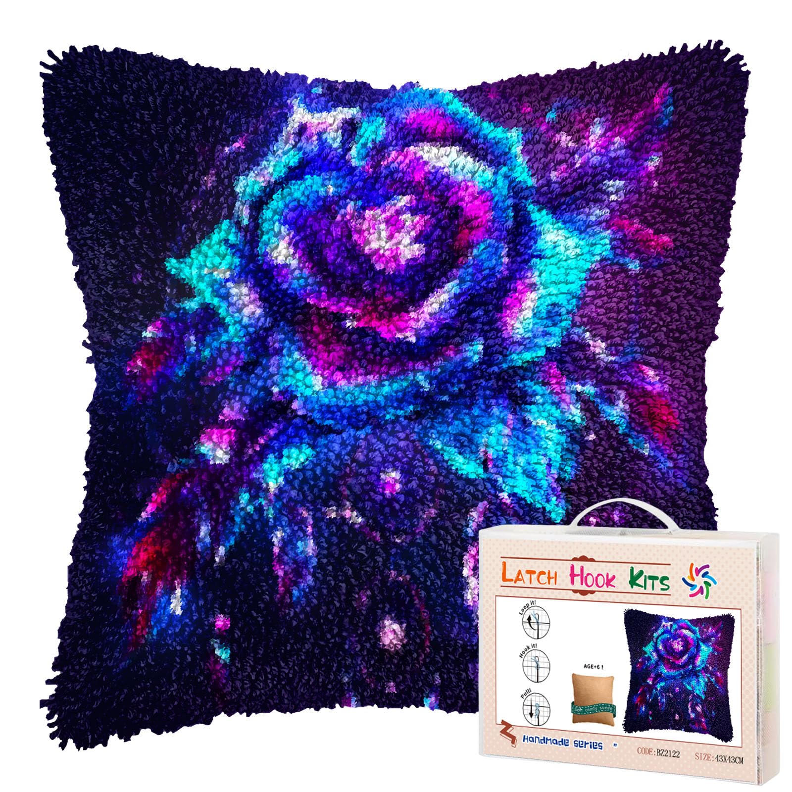 Luminescence Rose DIY Latch Hook Pillow Kits for Adults Printed Pillowcase Crochet Yarns Hooking Handmade Pillow Cover Cushion for Home Sofa Decoration 17x17inch(1)