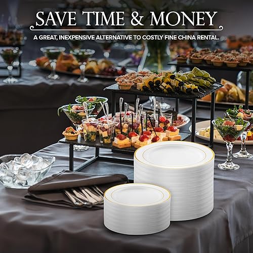 Miniatura 6 de Juego de platos desechables para cena y postre (200 piezas) de 10 + 7 pulgadas, platos de plástico blanco y dorado para fiestas, 100 invitados,