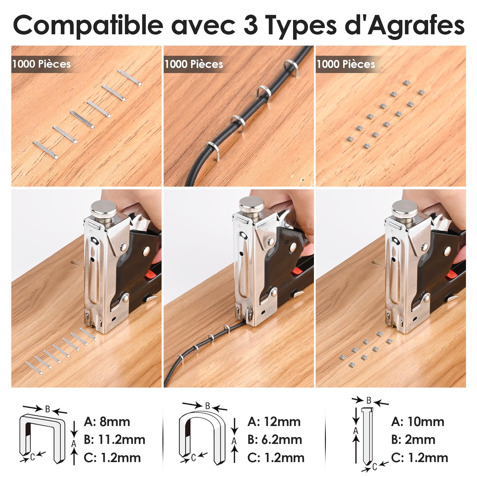 Agrafeuse Murale, Agrafeuse Tapissier, Cloueuse 3 en 1 Bois & 3000 Agrafes, pour MatéRiel de Fixation, DéCoration, Menuiserie, Meubles