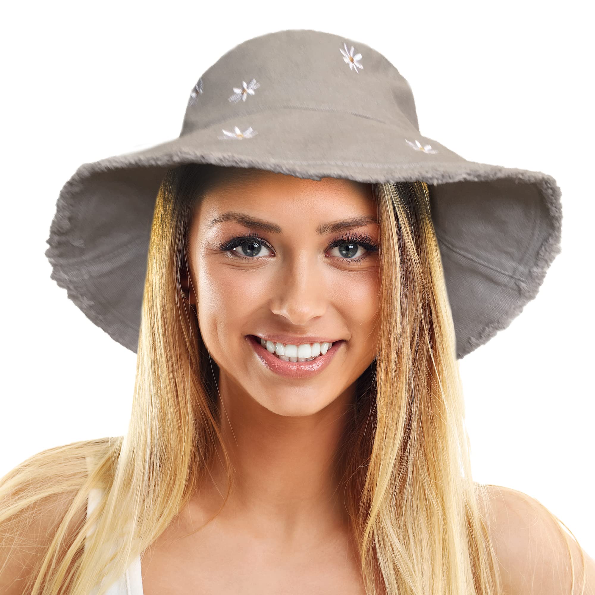 Toskatok Women's Light Grey Upf 50+ Soft Washed Cotton Bucket Sun Hat With Embroidered Daisy Motifs, Shapeable Brim And Frayed Edge-Grey