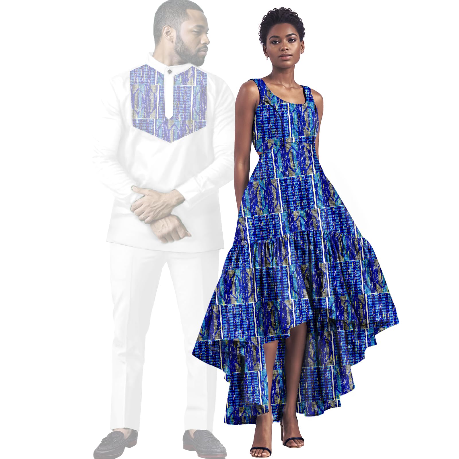African Outfits for Couples Women Print Wax Cotton Patchwork Dress 2 Pieces Men Suits Sets