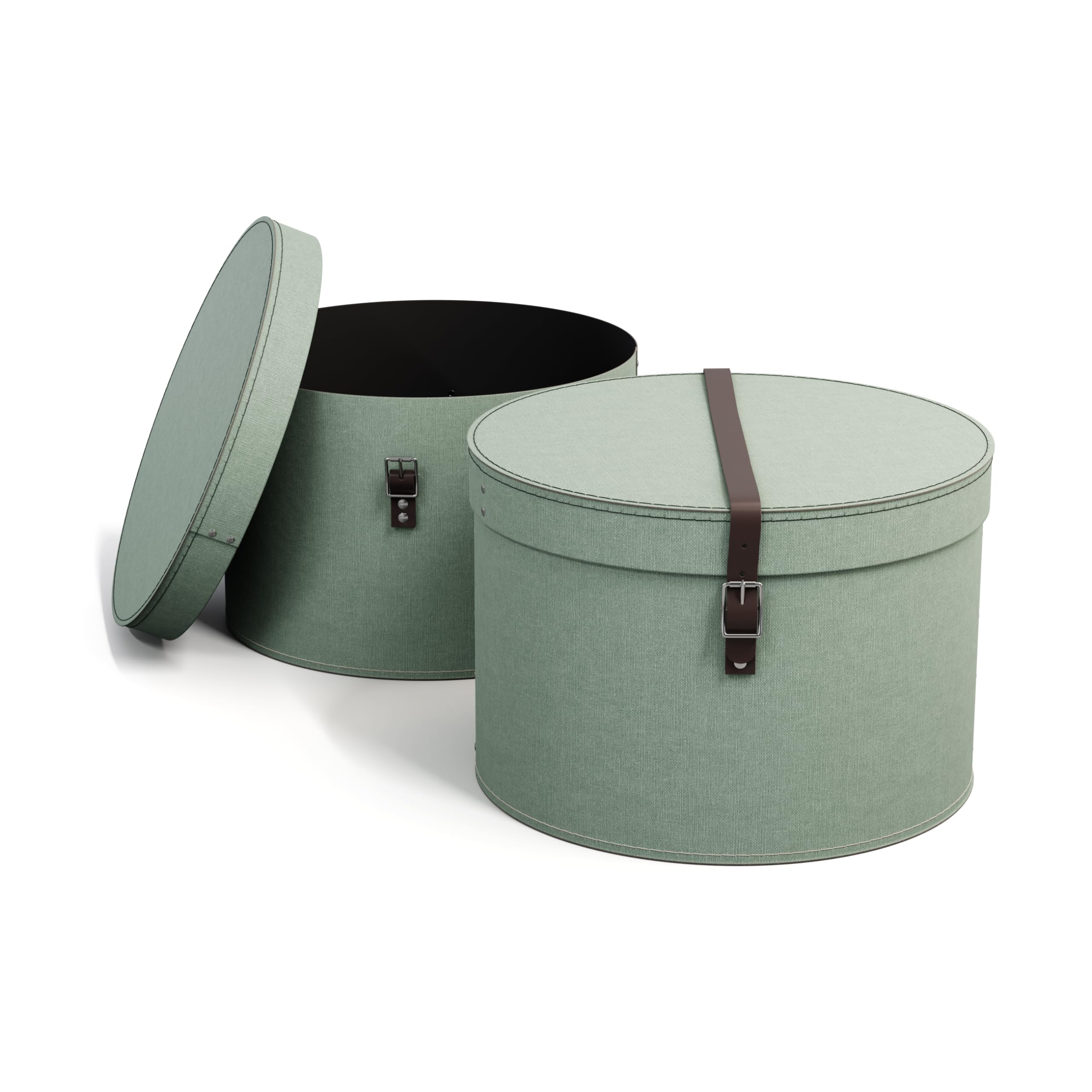 Bigso Box of Sweden Juego de 2 Cajas Redondas de Distinto Tamaño – Cajas con Tapa y Correa de Cuero – Caja Sombrerera de Tablero de Fibras y Papel con Aspecto de Lino - Verde menta