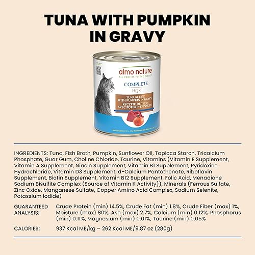 Miniatura 6 de almo nature HQS - Atún completo con calabaza en salsa, sin granos, sin aditivos, comida húmeda enlatada para gatos adultos, triturada, 12 x