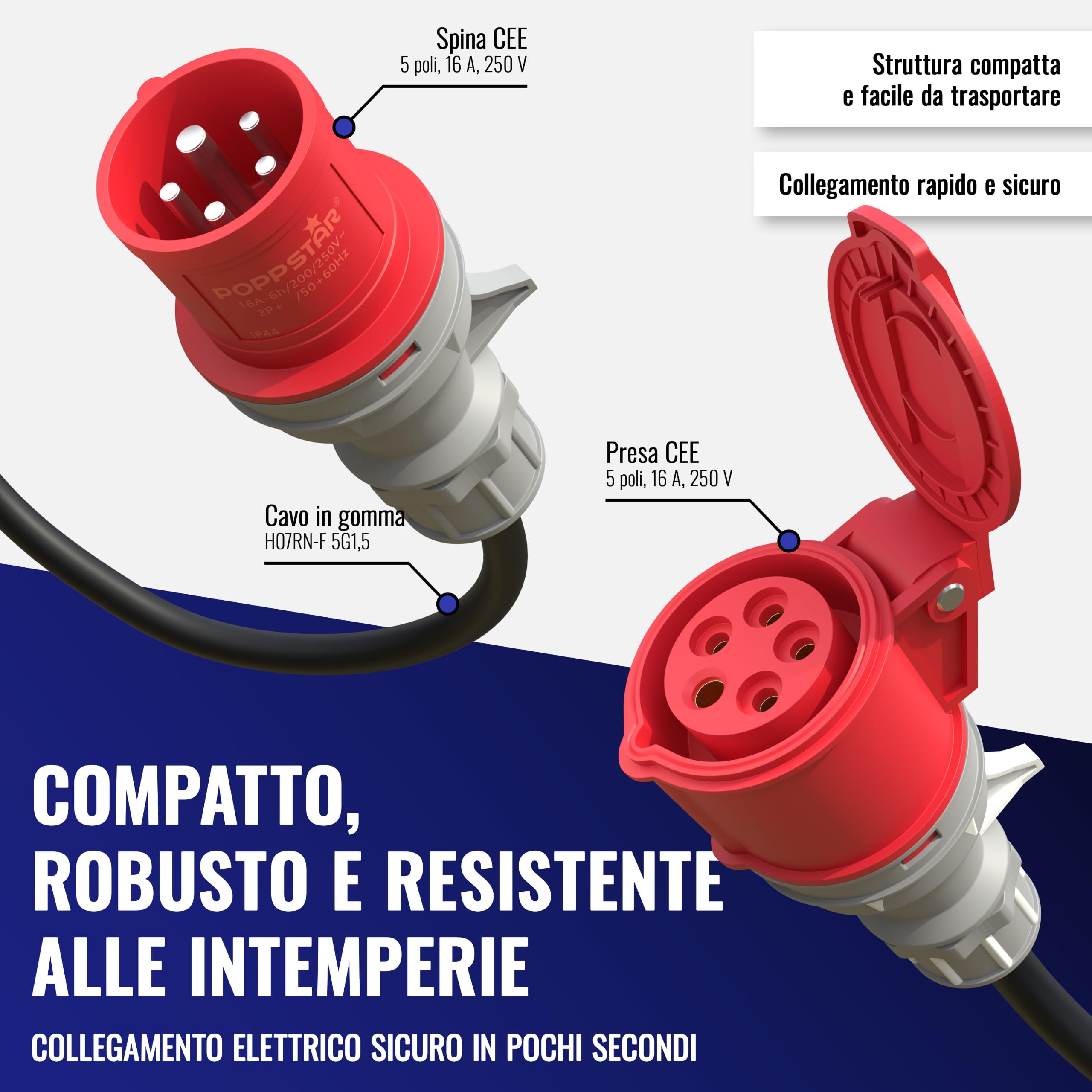 Poppstar Cavo di prolunga per corrente 10m (CEE 16A 5 poli, 400V, IP44, H07RN-F 5G1,5, spina e presa)