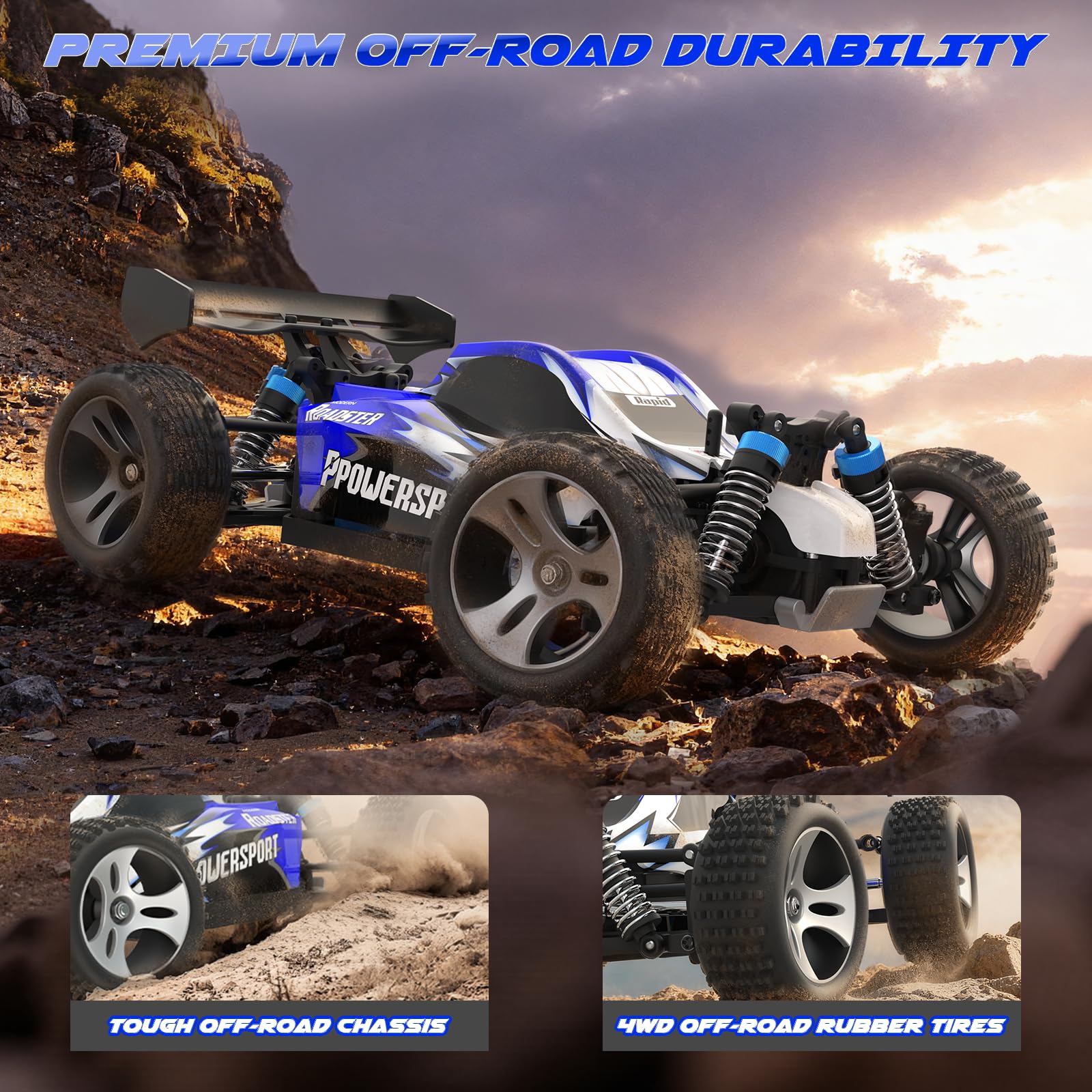 SIMREX Voiture télécommandée Tout-Terrain 1:18, 45 km/h, 4WD avec télécommande 2,4 GHz, Voiture RC avec 2 Batteries Rechargeables, Cadeau pour Enfants et Adultes, Bleu