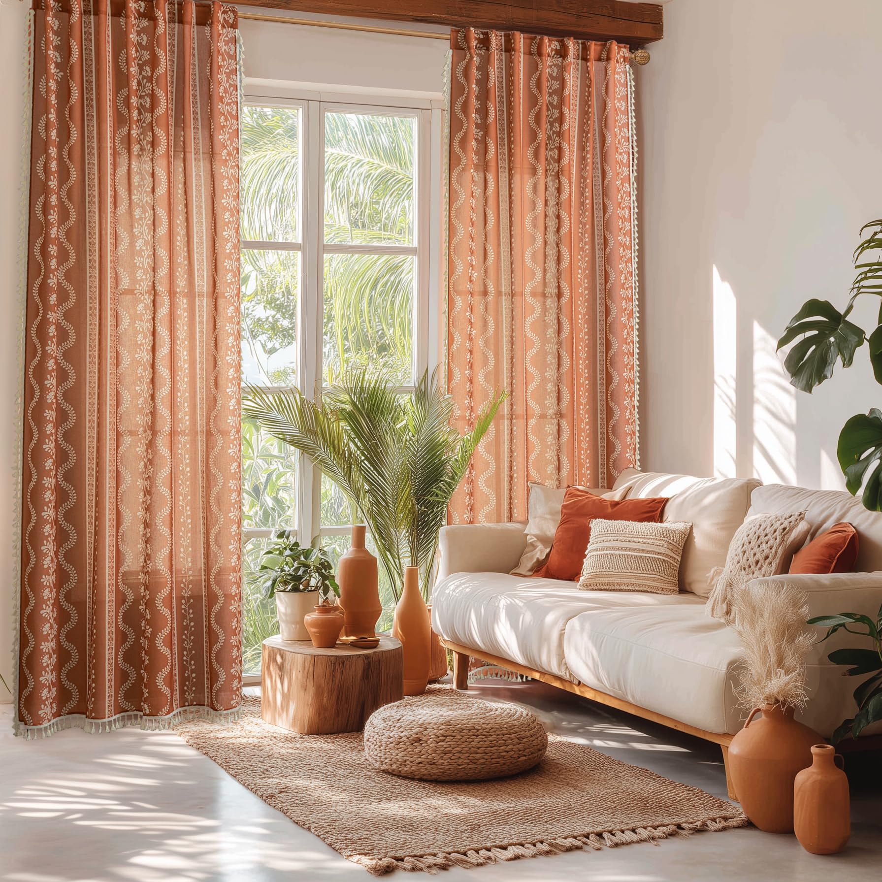 Böhmische Vorhänge mit Blumenmuster für Wohnzimmer, Terrakotta, Boho-Leinen, durchscheinende Vorhänge für Schlafzimmer, 244 cm lang