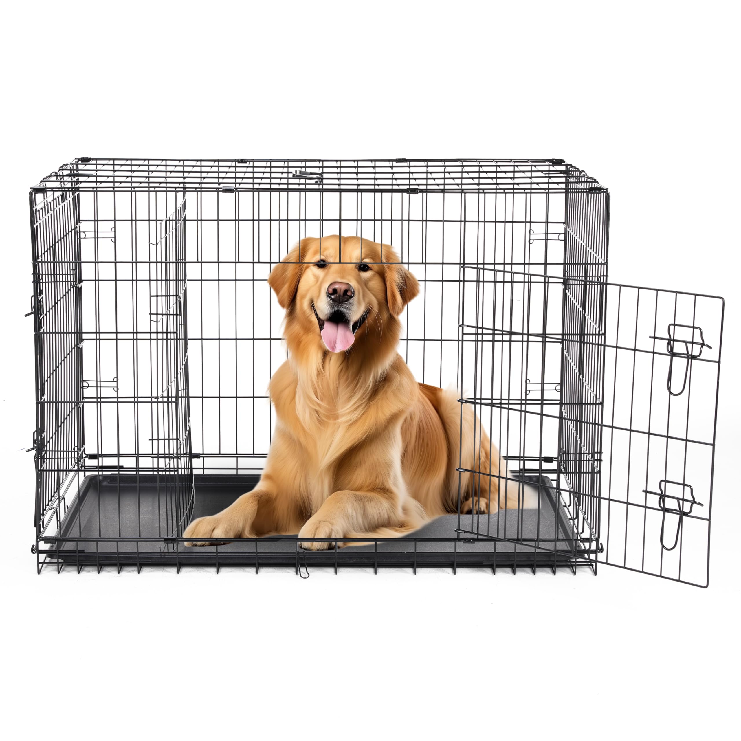 Simple Deluxe 42-Inch Large Dog Crate with Divider, Double Door Folding Metal Wire Cage with Leak-Proof Plastic Tray, Portable Pet Kennel for Indoor,